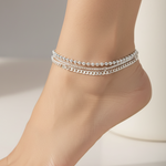 Beaded Double Chain Anklet – 925 Sterling Silver – Adjustable – 50g
