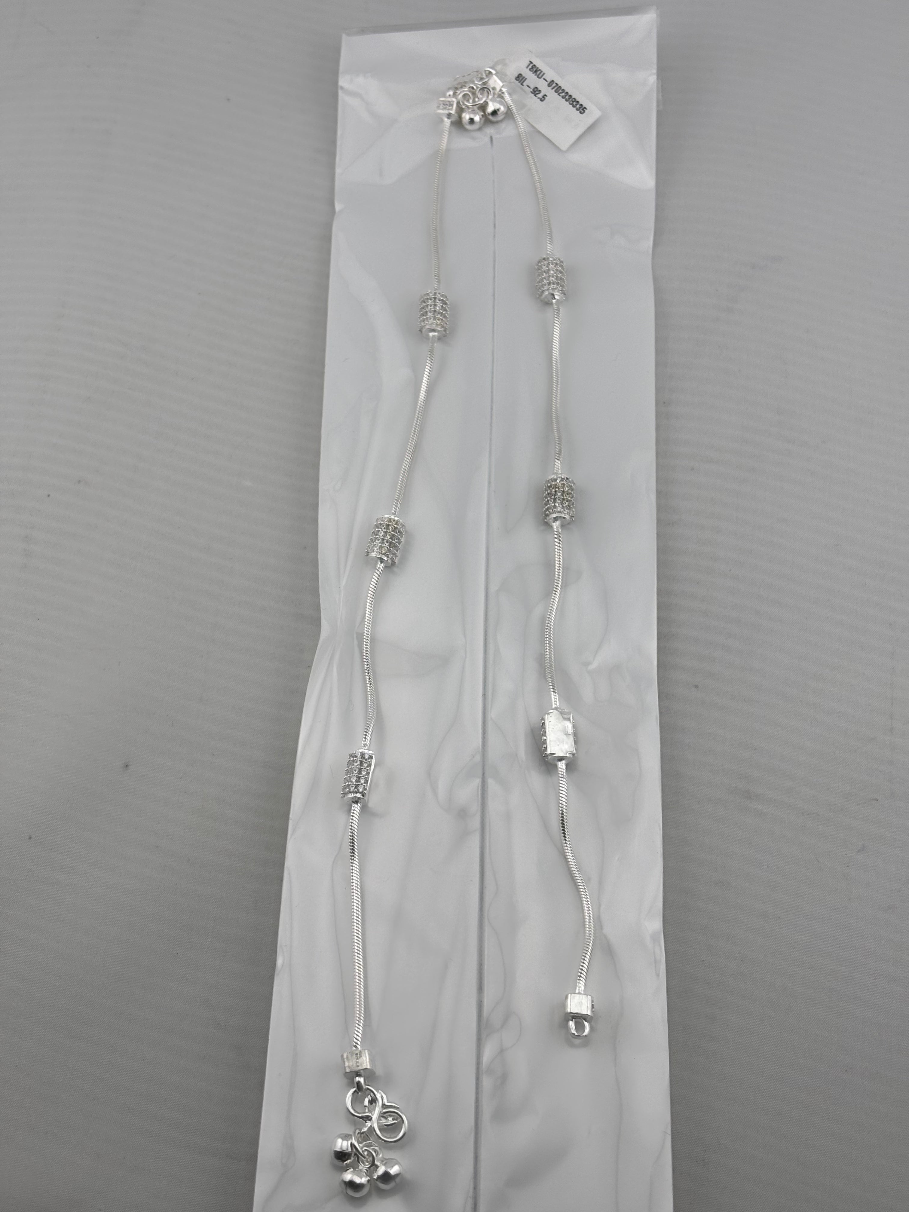 Textured Bead Snake Chain Anklet – 925 Sterling Silver – Adjustable – 30g