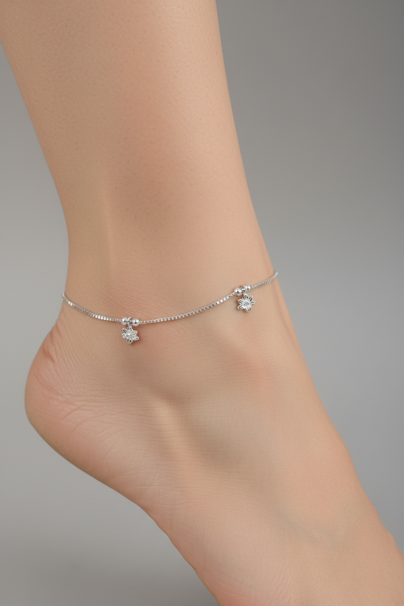 Floral Curve Minimal Anklet – 925 Sterling Silver – Adjustable – 11g