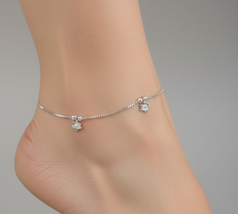 Floral Curve Minimal Anklet – 925 Sterling Silver – Adjustable – 11g