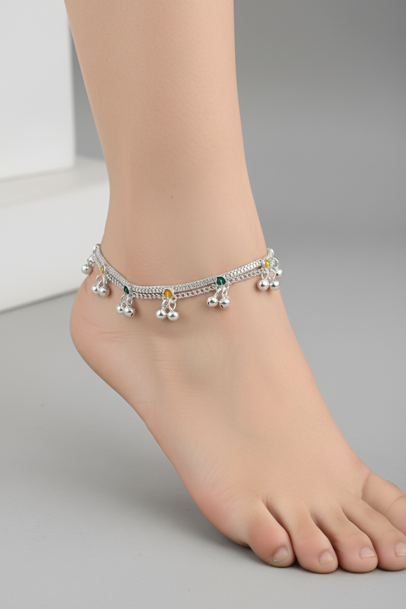 Multicolor Charm Layered Anklet – 925 Sterling Silver – Adjustable – 47g