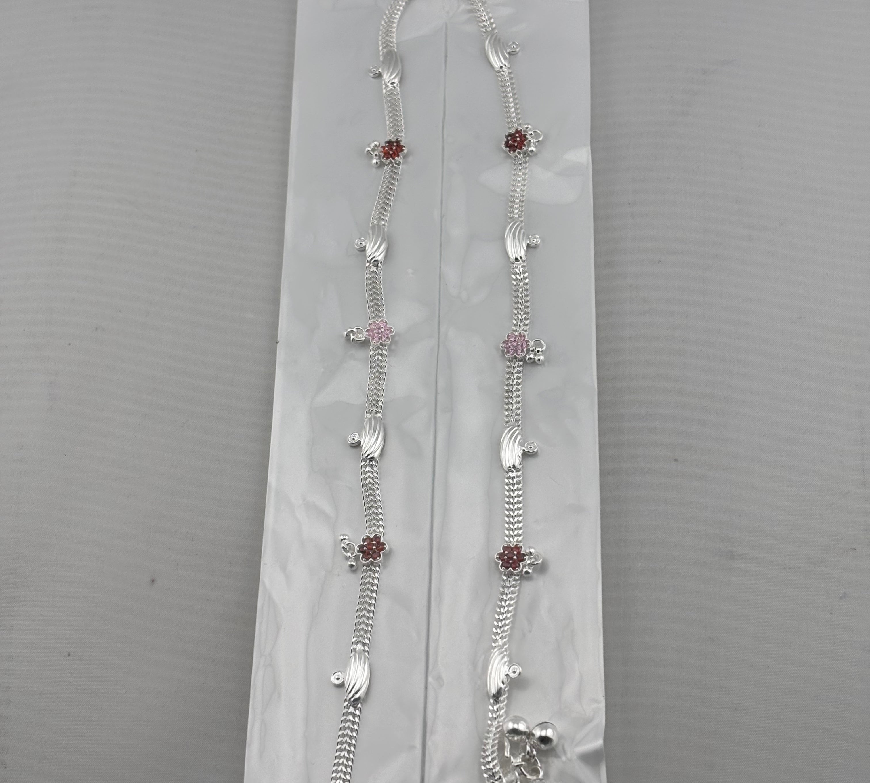 Floral Charm Anklet – 925 Sterling Silver – Pink & Red Stone Design – 22g