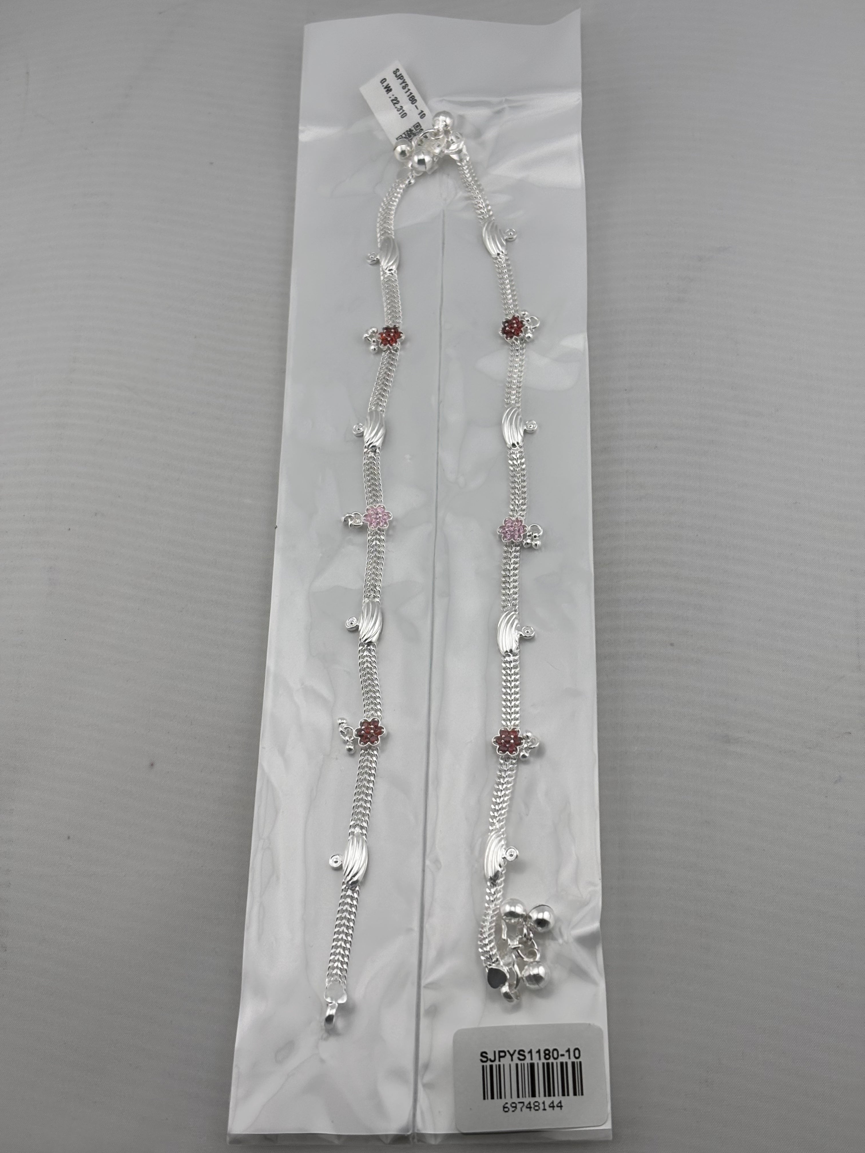 Floral Charm Anklet – 925 Sterling Silver – Pink & Red Stone Design – 22g