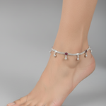 Floral Charm Anklet – 925 Sterling Silver – Pink & Red Stone Design – 22g
