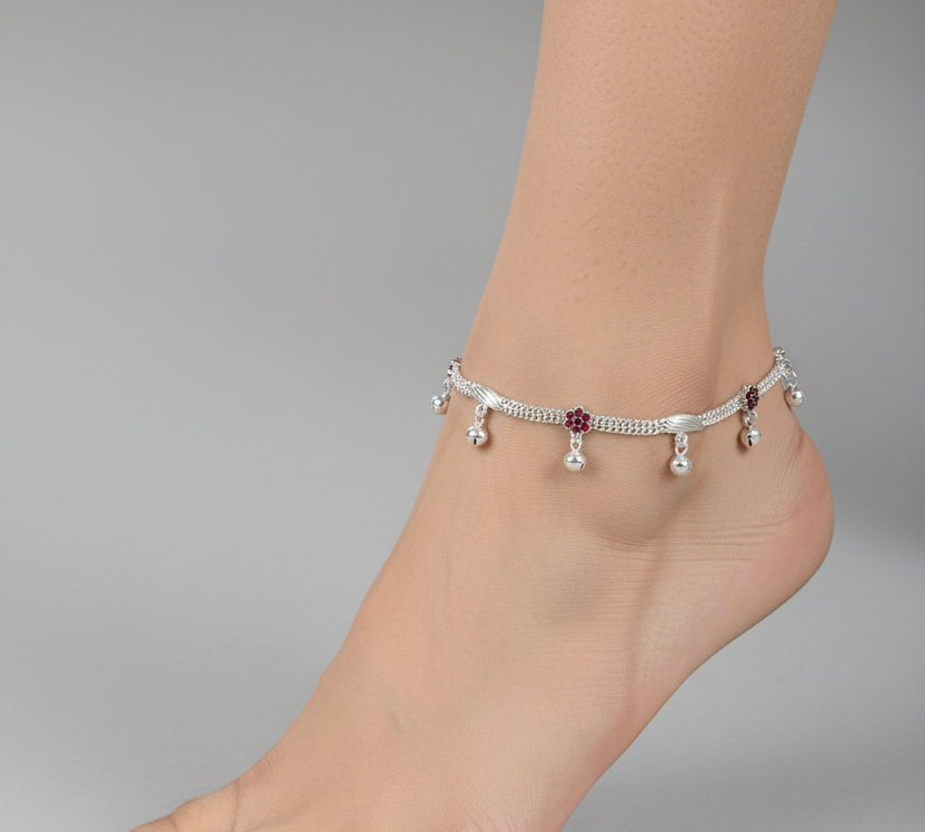 Floral Charm Anklet – 925 Sterling Silver – Pink & Red Stone Design – 22g