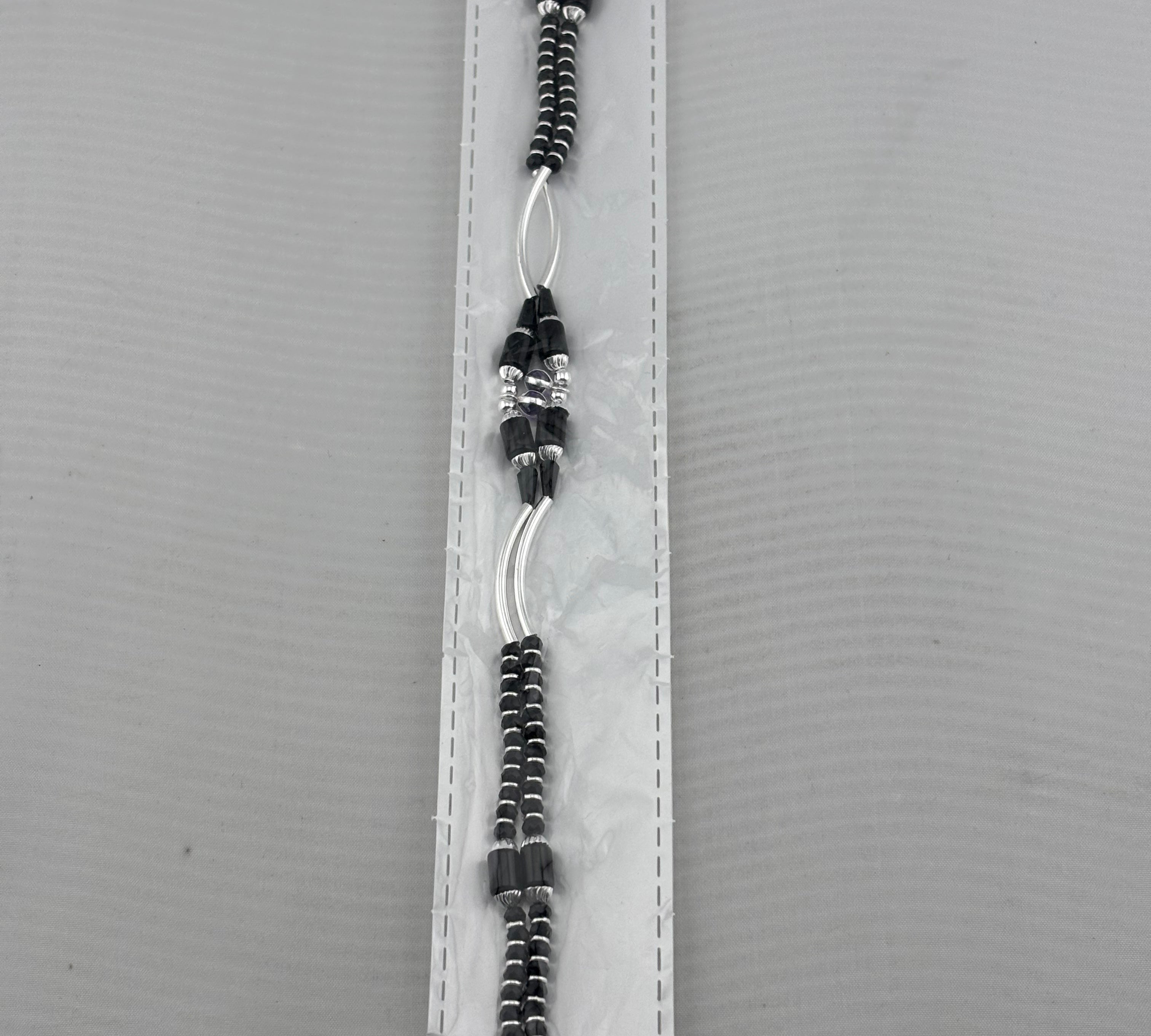 Dual Strand Black Beaded Nazariya Anklet in 925 Sterling Silver