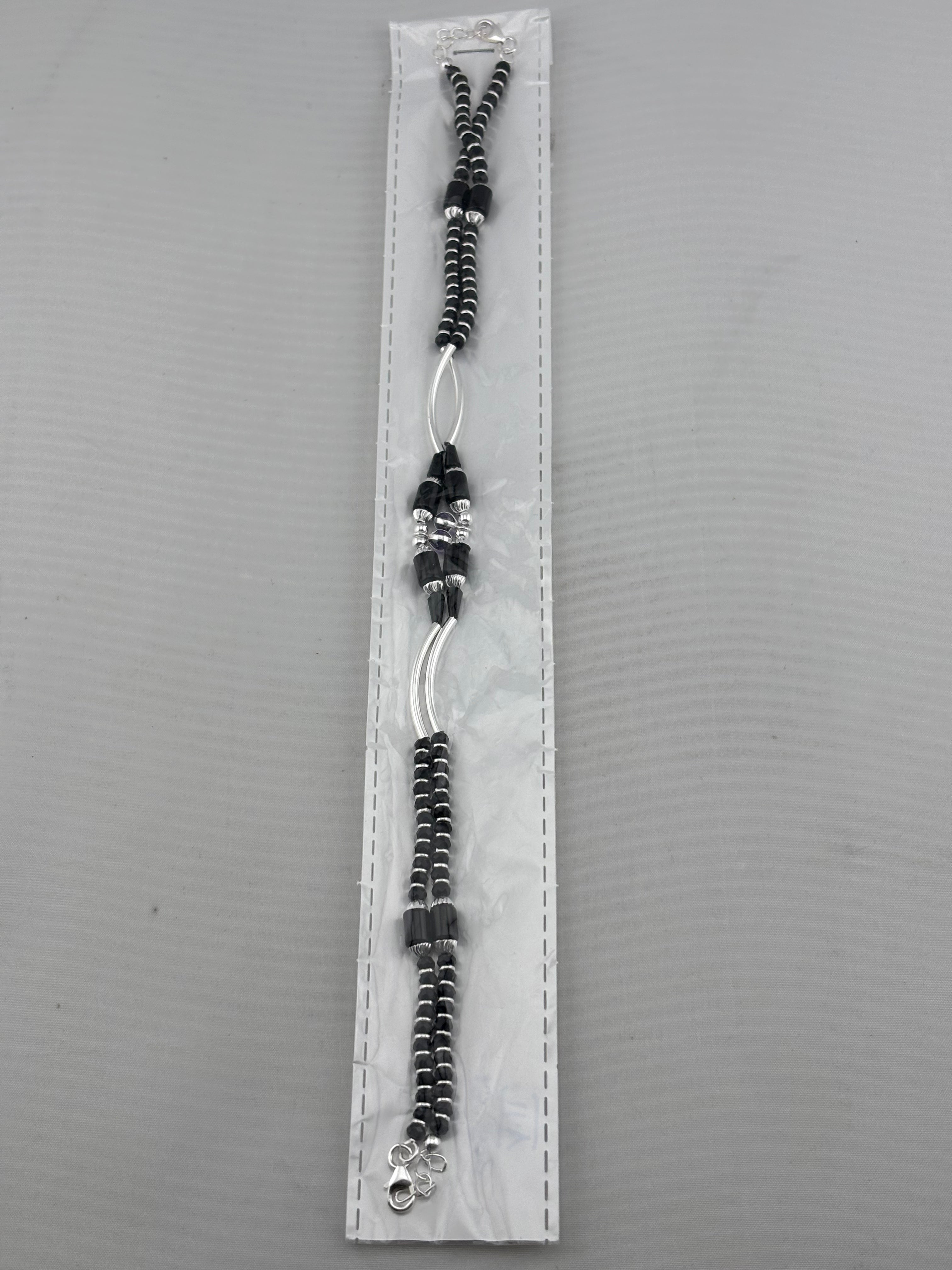 Dual Strand Black Beaded Nazariya Anklet in 925 Sterling Silver