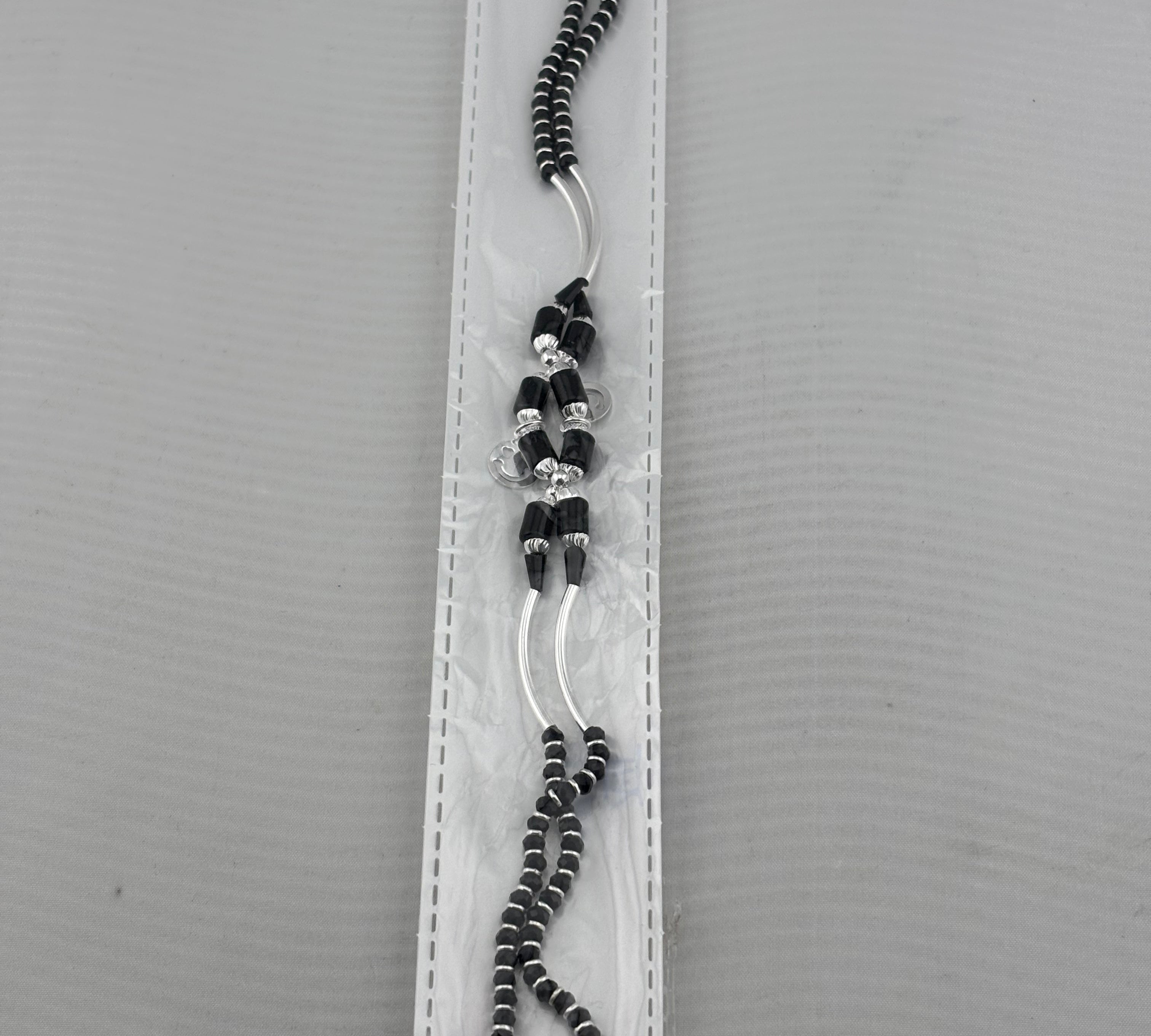 Curved Connector Black Beaded Nazariya Anklet in 925 Sterling Silver