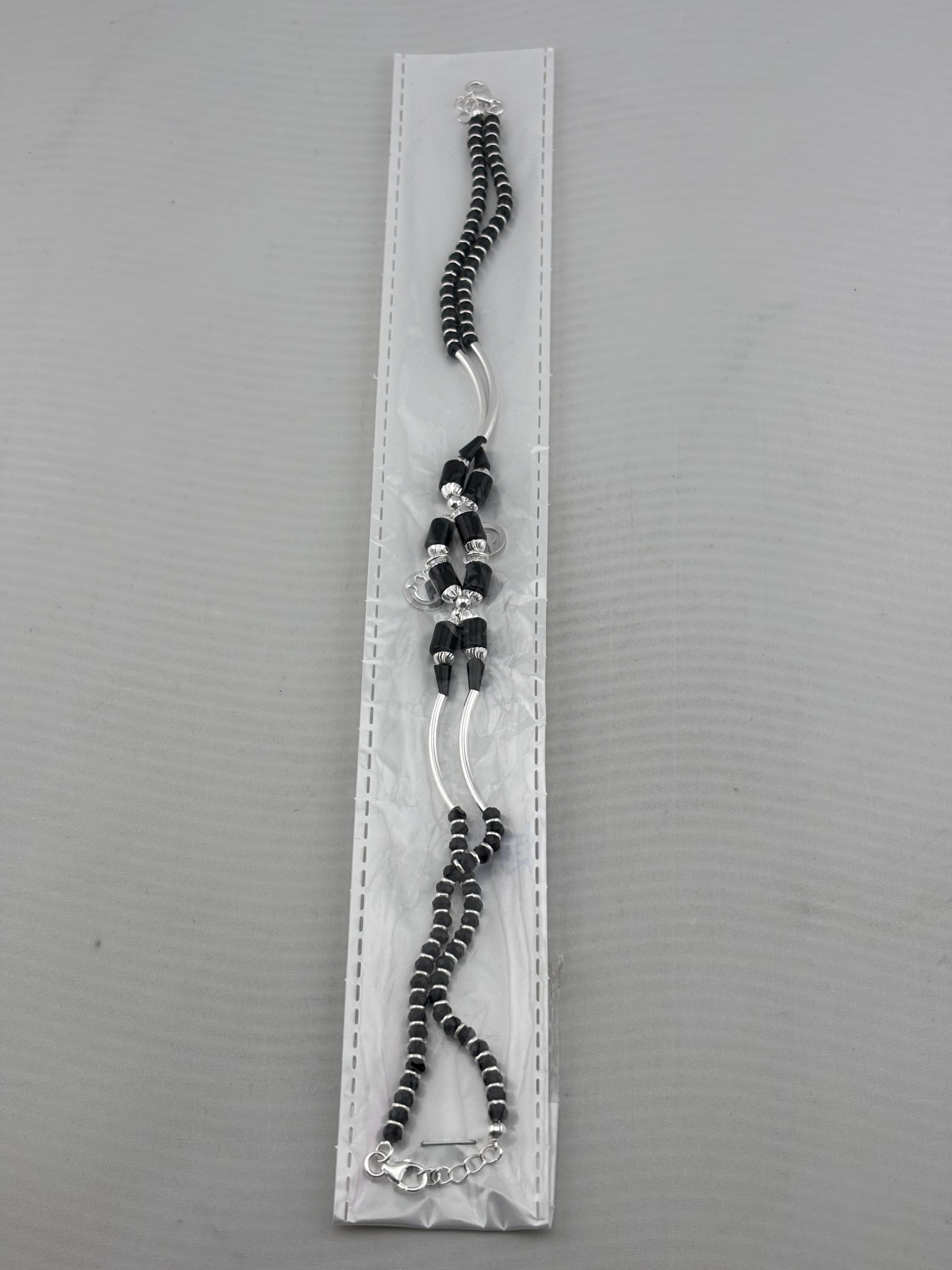 Curved Connector Black Beaded Nazariya Anklet in 925 Sterling Silver