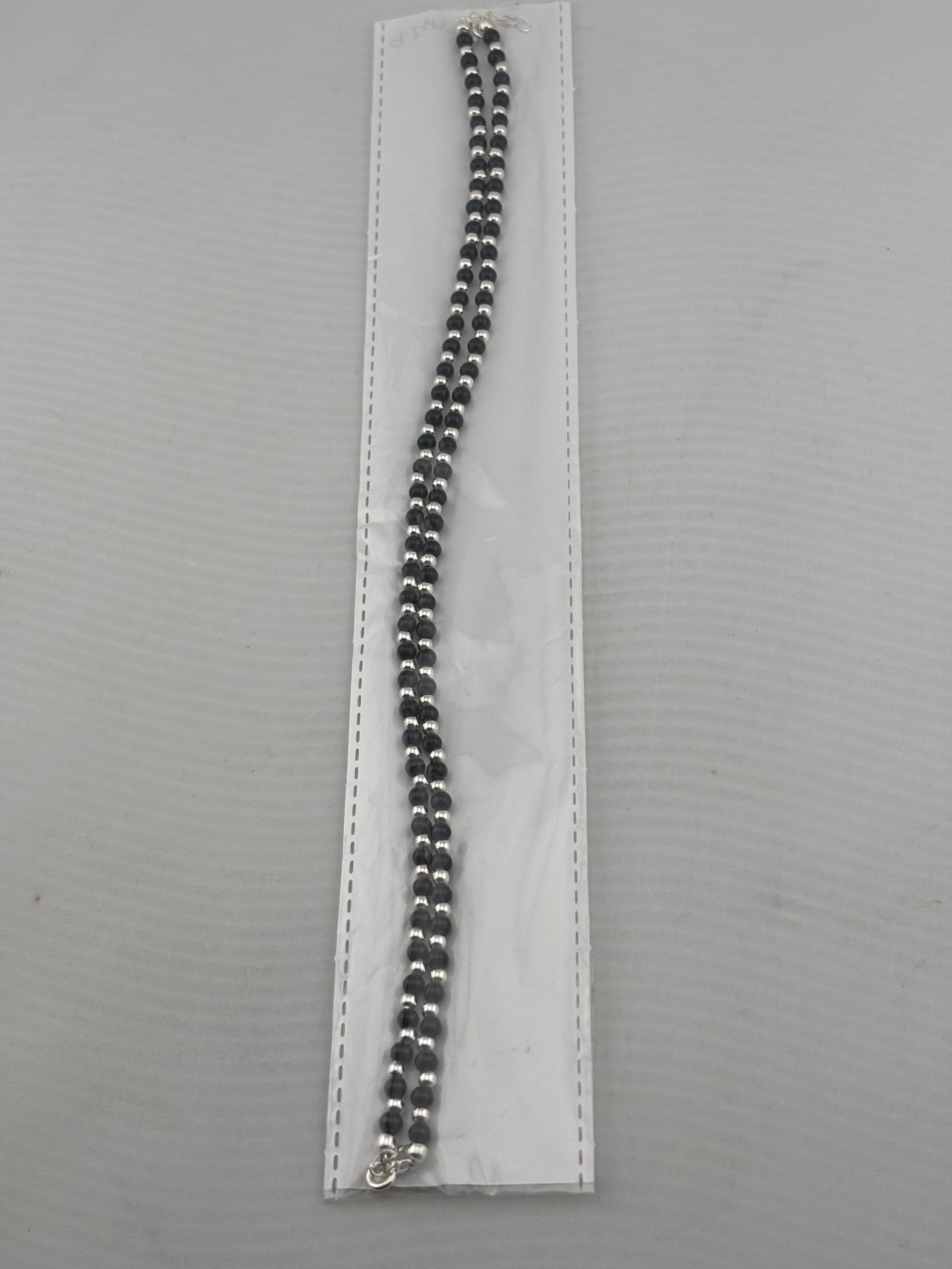 Dual Line Black Beaded Nazariya Anklet in 925 Sterling Silver