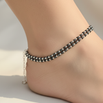 Dual Line Black Beaded Nazariya Anklet in 925 Sterling Silver