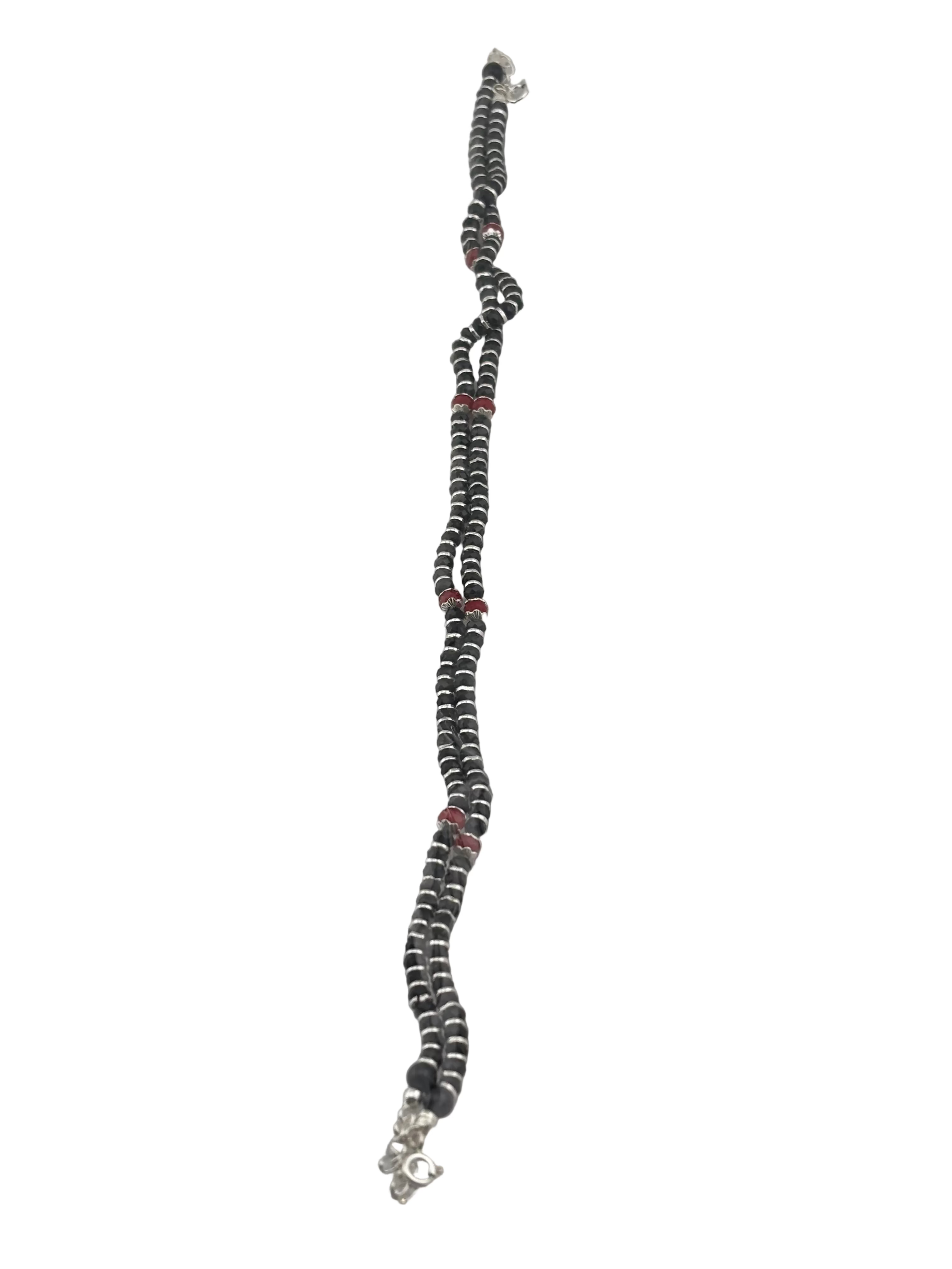 Red Accent Black Beaded Nazariya Anklet in 925 Sterling Silver