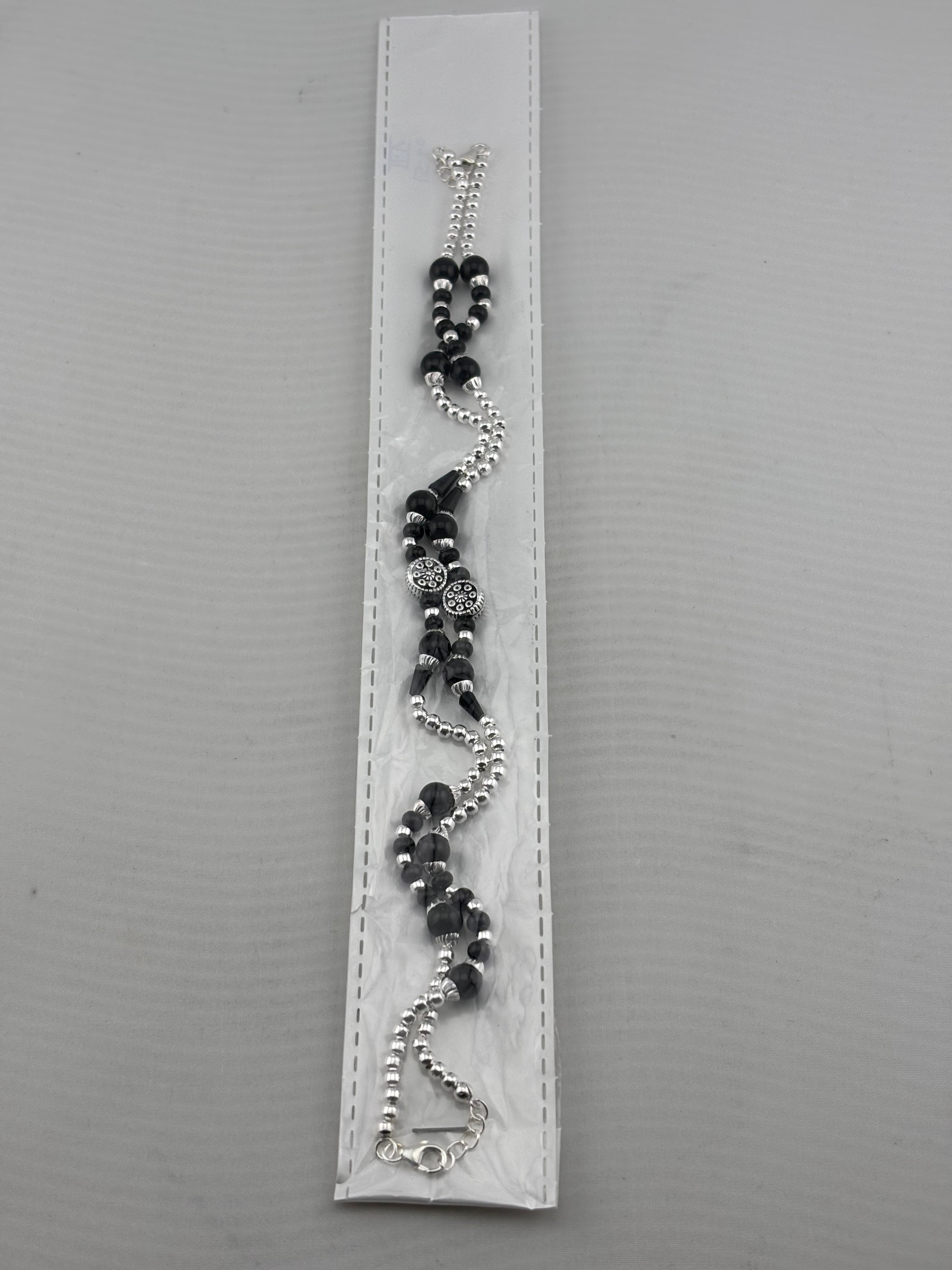 Designer Black Beaded Nazariya Anklet in 925 Sterling Silver