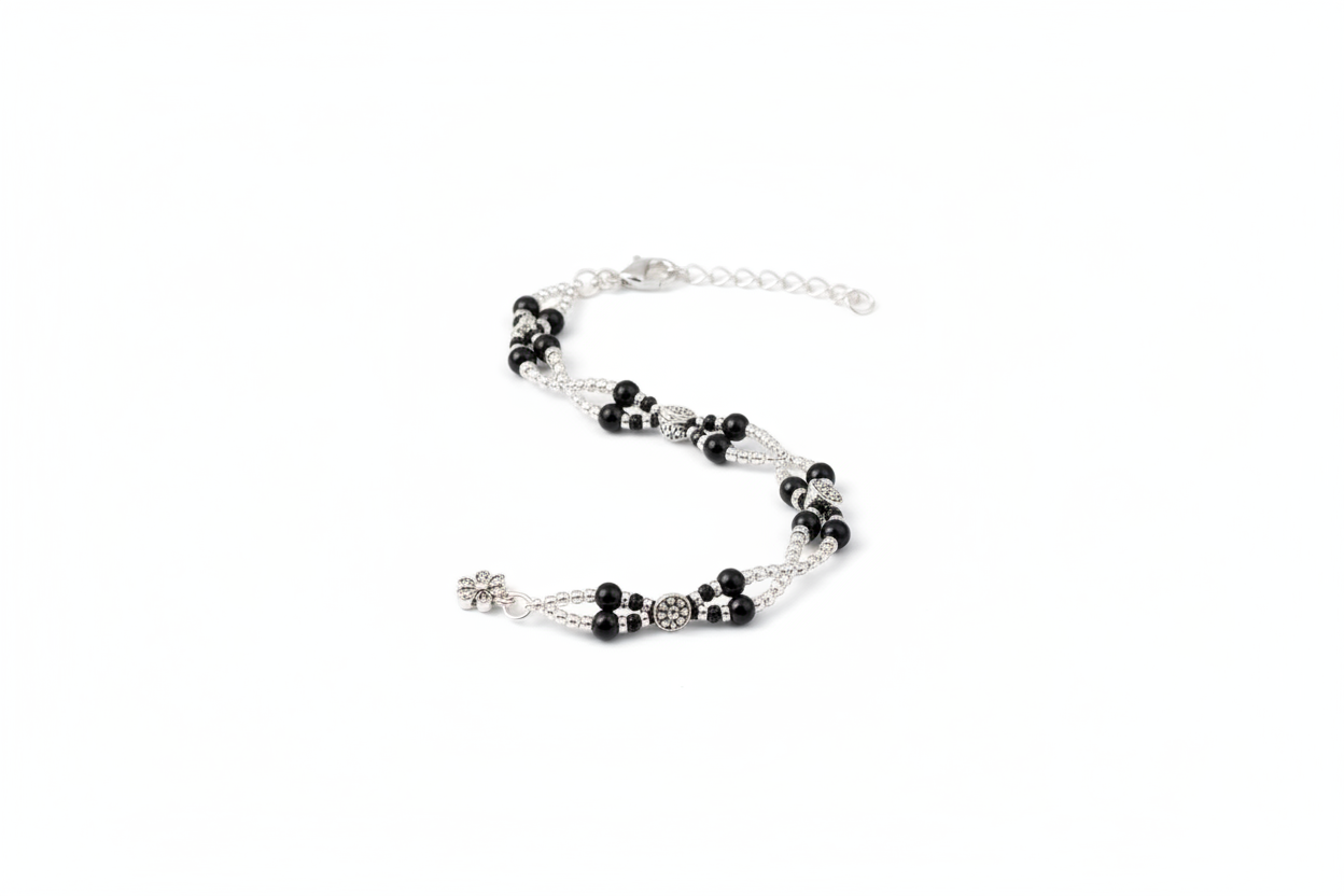 Designer Black Beaded Nazariya Anklet in 925 Sterling Silver | Dual Layer Charm Anklet-15g