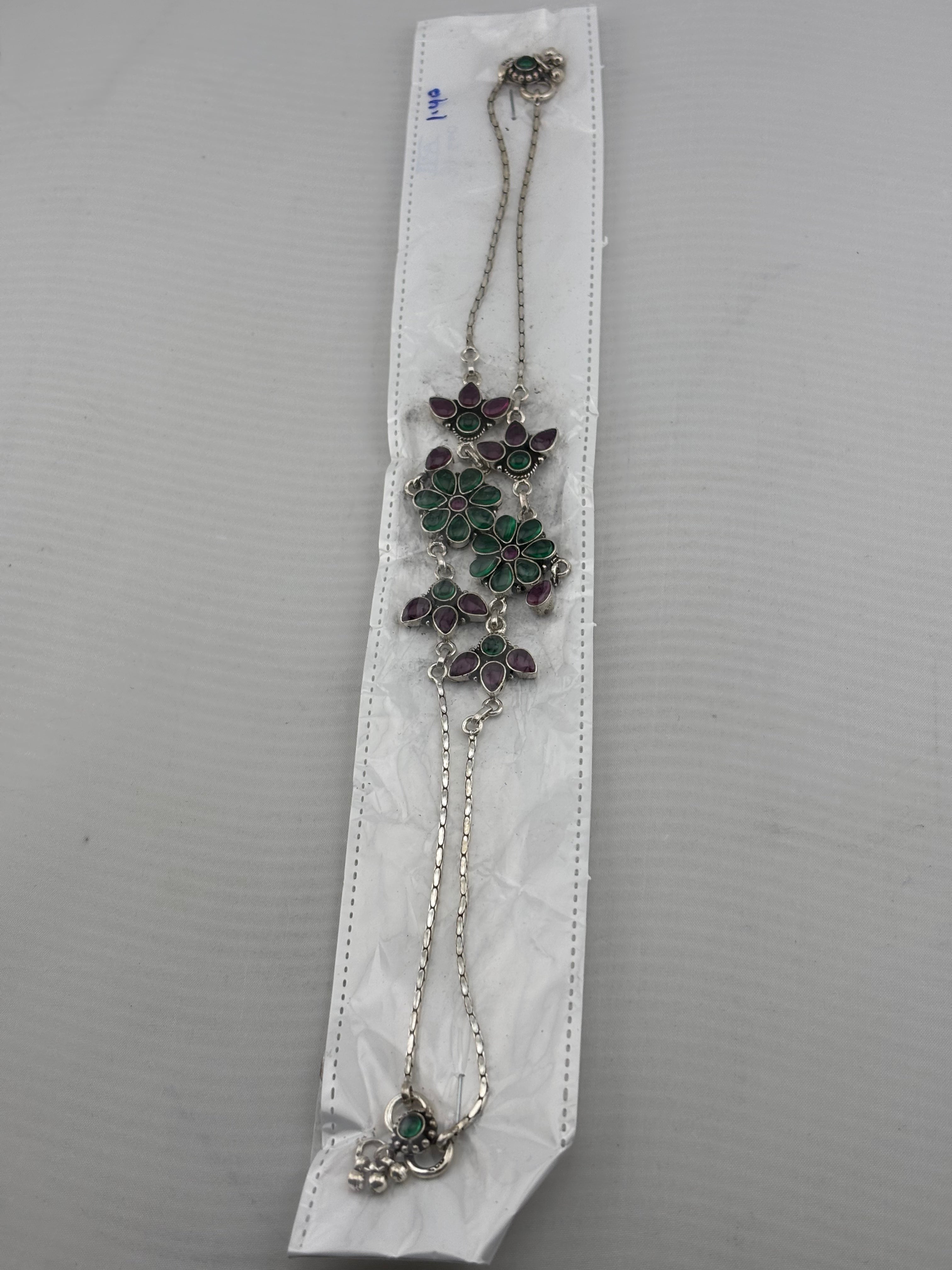 Multicolor Floral Statement Anklet – 925 Sterling Silver – Green & Pink Stone Design – 31g