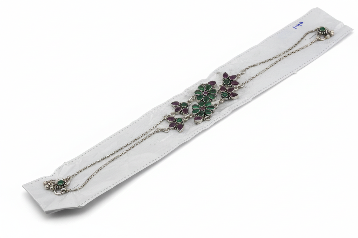 Multicolor Floral Statement Anklet – 925 Sterling Silver – Green & Pink Stone Design – 31g