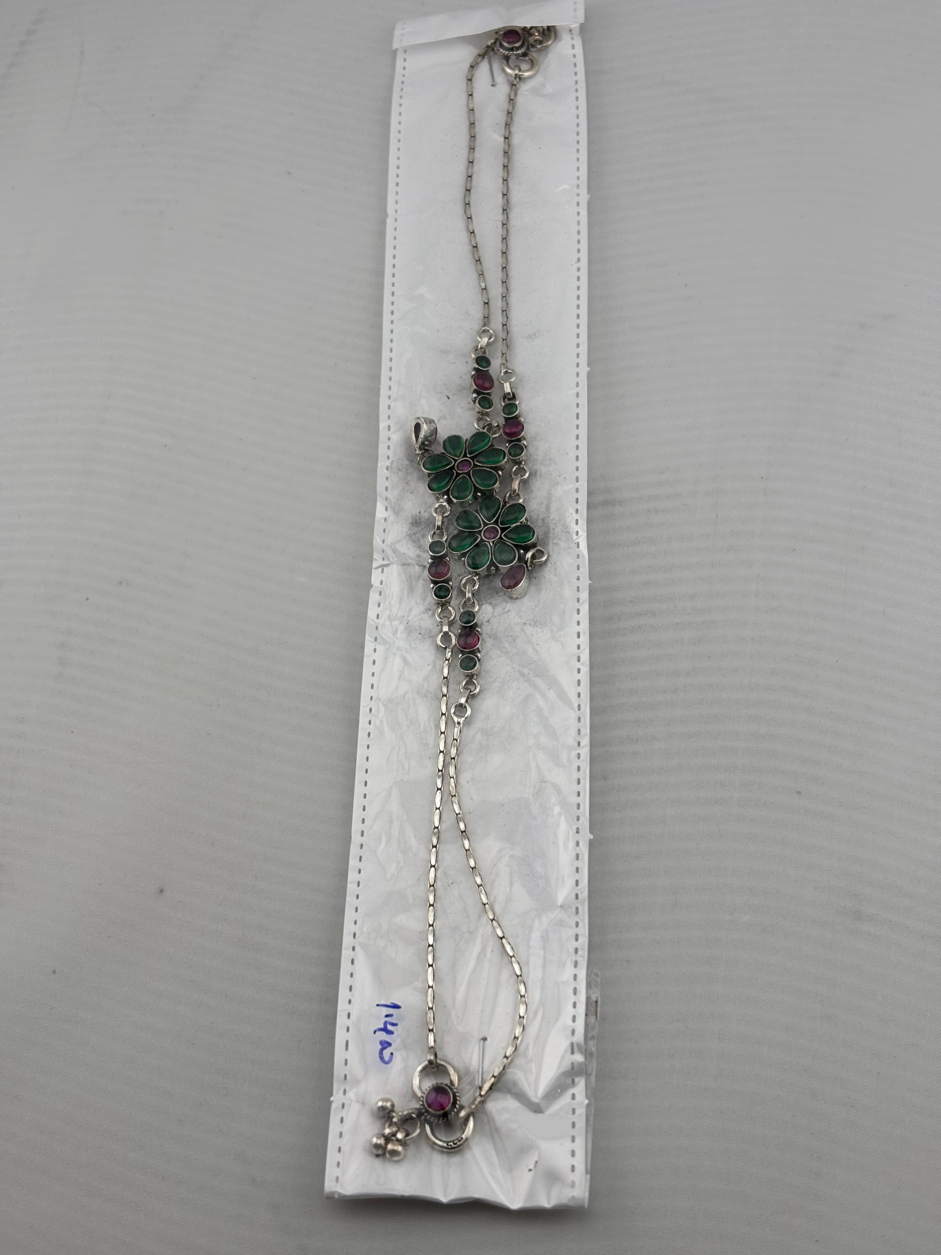 Floral Drop Anklet – 925 Sterling Silver – Green & Pink Stone Design – 26g