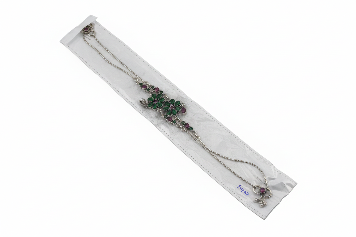 Floral Drop Anklet – 925 Sterling Silver – Green & Pink Stone Design – 26g