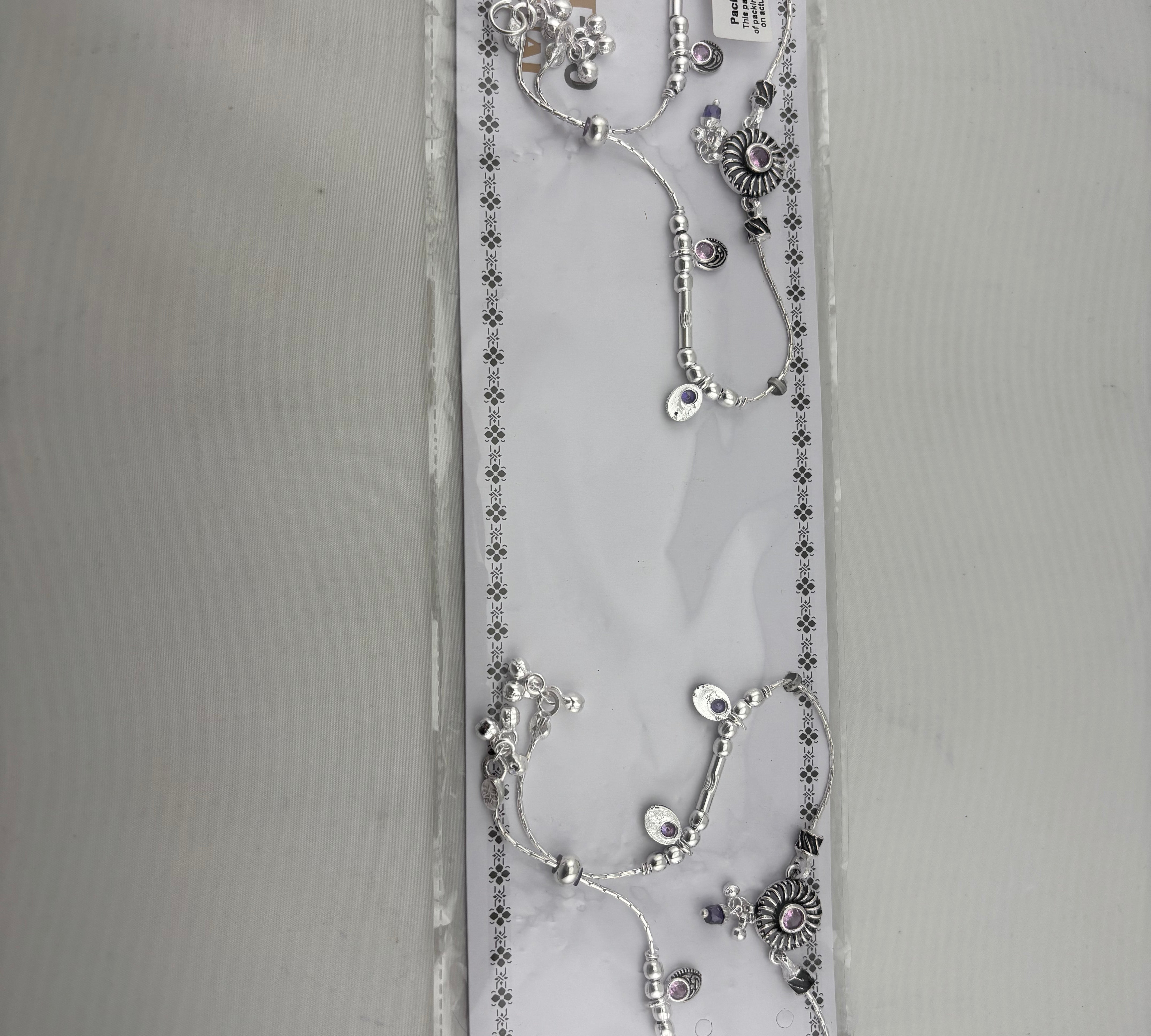 Beaded Charm Anklet – 925 Sterling Silver – Purple Stone Ethnic Design – 38g