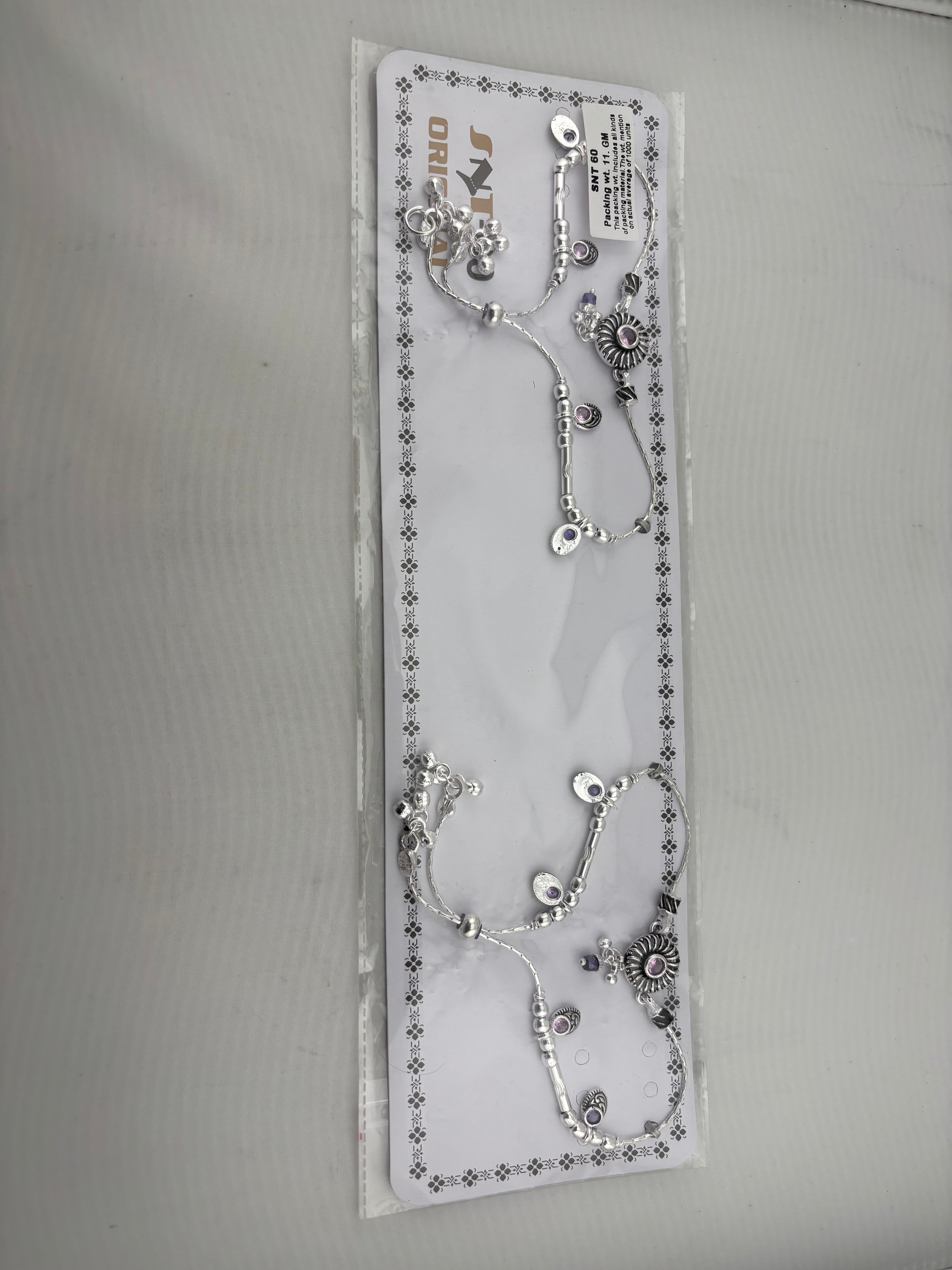 Beaded Charm Anklet – 925 Sterling Silver – Purple Stone Ethnic Design – 38g