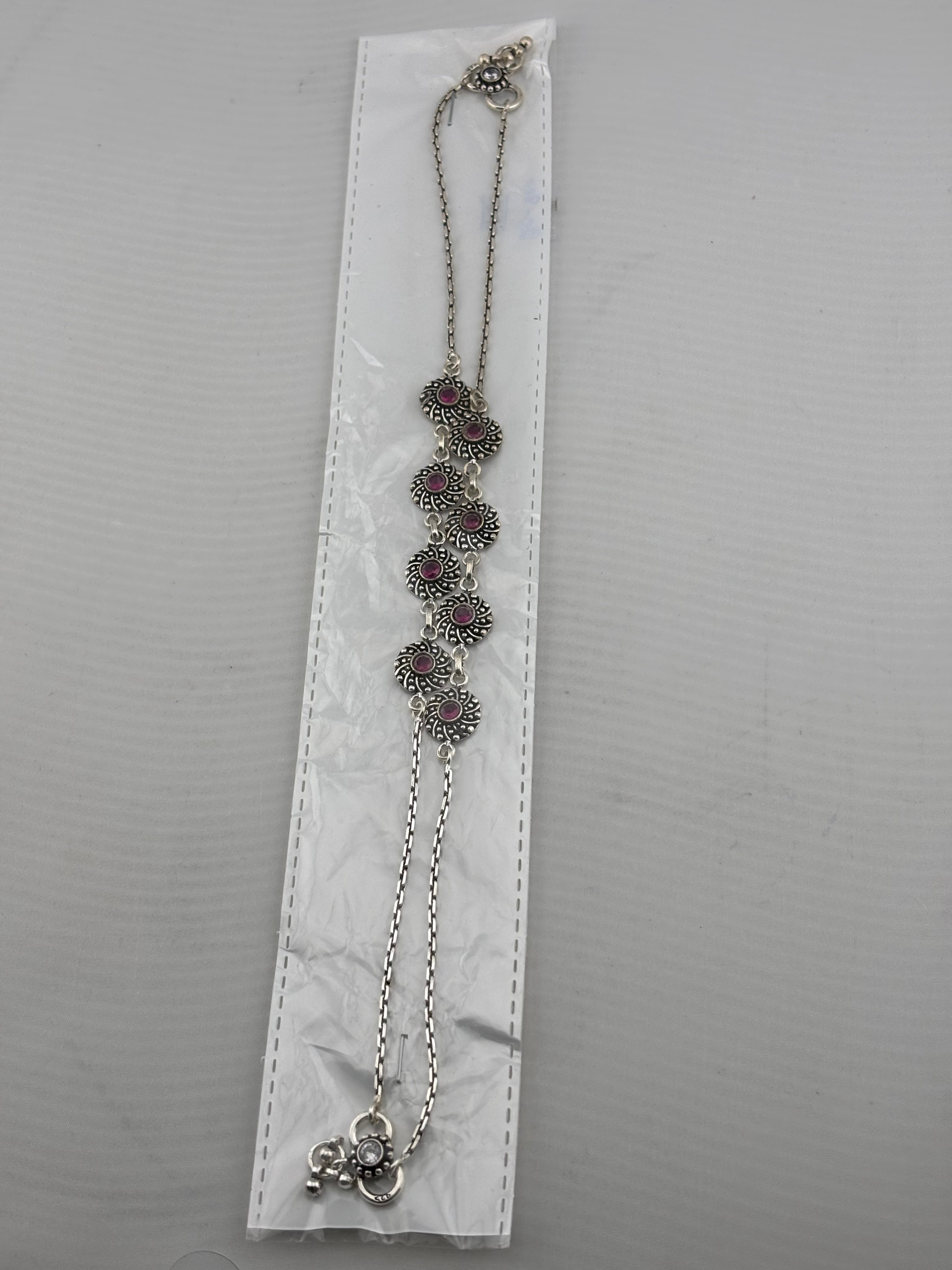 Oxidised Pink Stone Anklet – 925 Sterling Silver – Vintage Floral Link Design – 20g