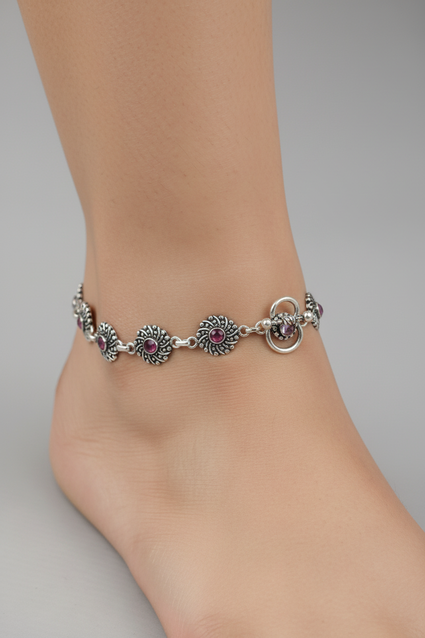 Oxidised Pink Stone Anklet – 925 Sterling Silver – Vintage Floral Link Design – 20g