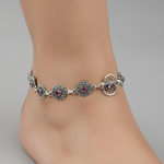 Oxidised Pink Stone Anklet – 925 Sterling Silver – Vintage Floral Link Design – 20g