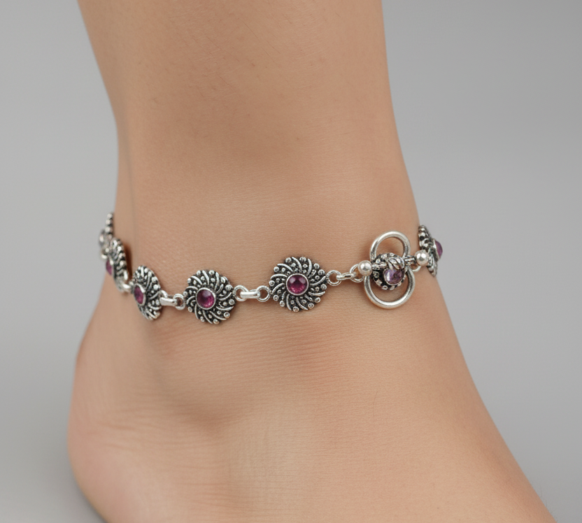 Oxidised Pink Stone Anklet – 925 Sterling Silver – Vintage Floral Link Design – 20g