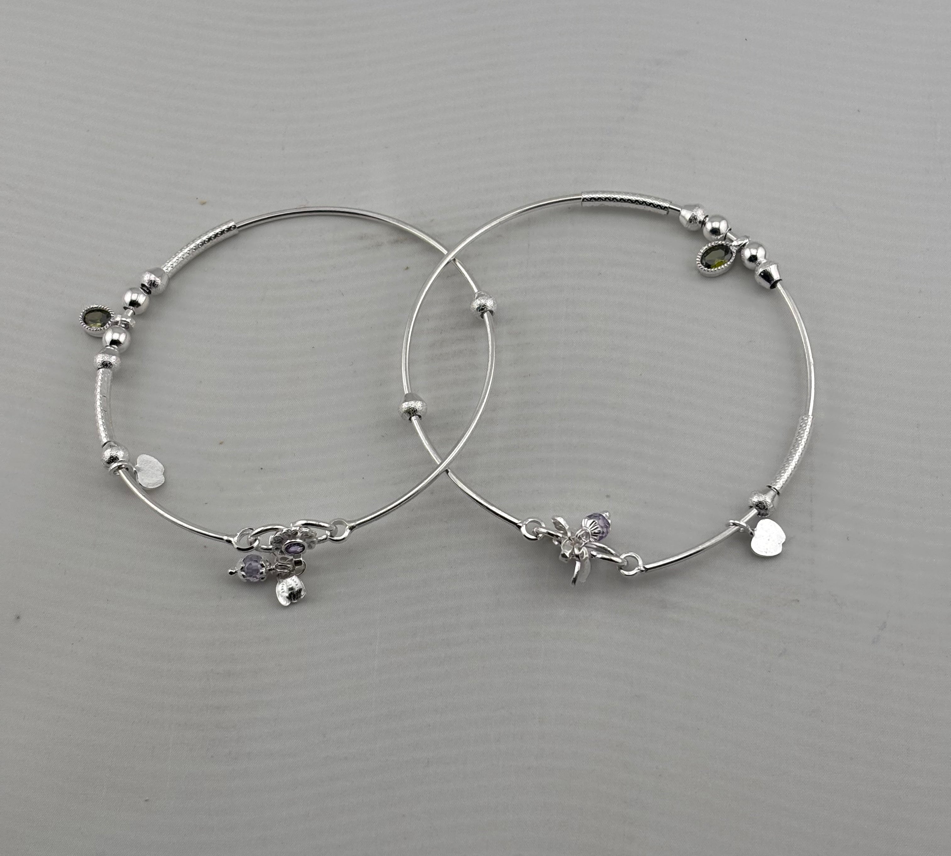 Adjustable Charm Anklet Pair – 925 Sterling Silver Wire Anklet with Stone Charms – 27g