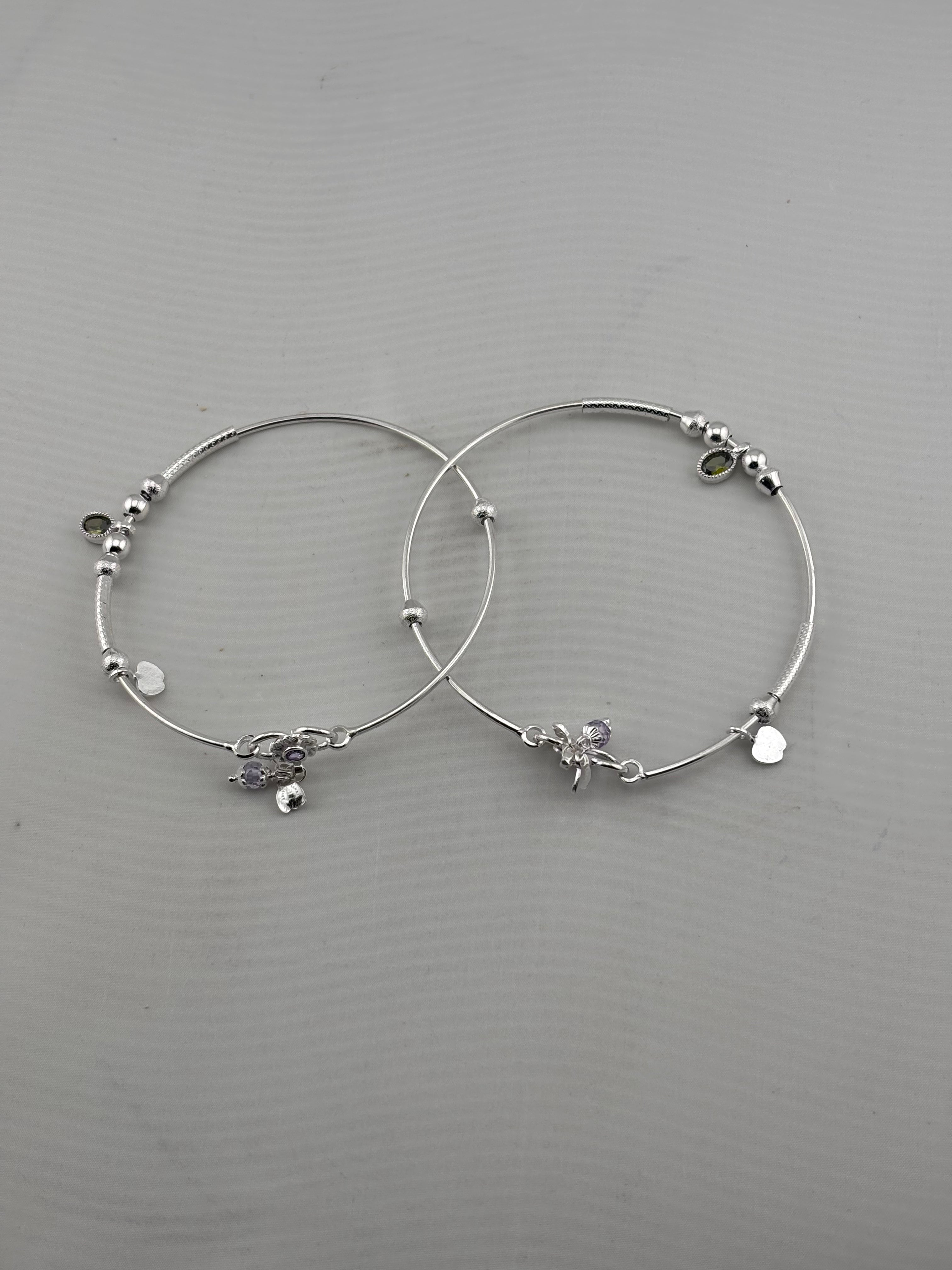 Adjustable Charm Anklet Pair – 925 Sterling Silver Wire Anklet with Stone Charms – 27g