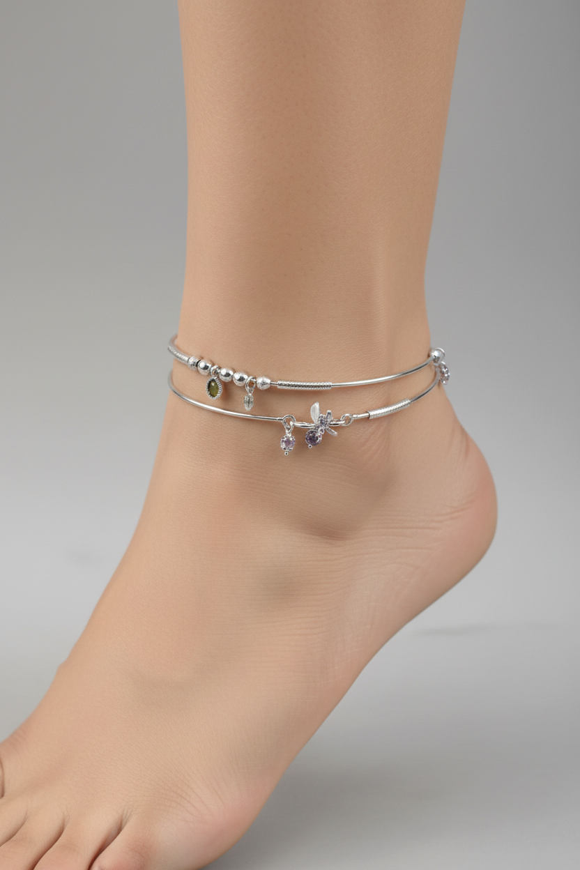 Adjustable Charm Anklet Pair – 925 Sterling Silver Wire Anklet with Stone Charms – 27g