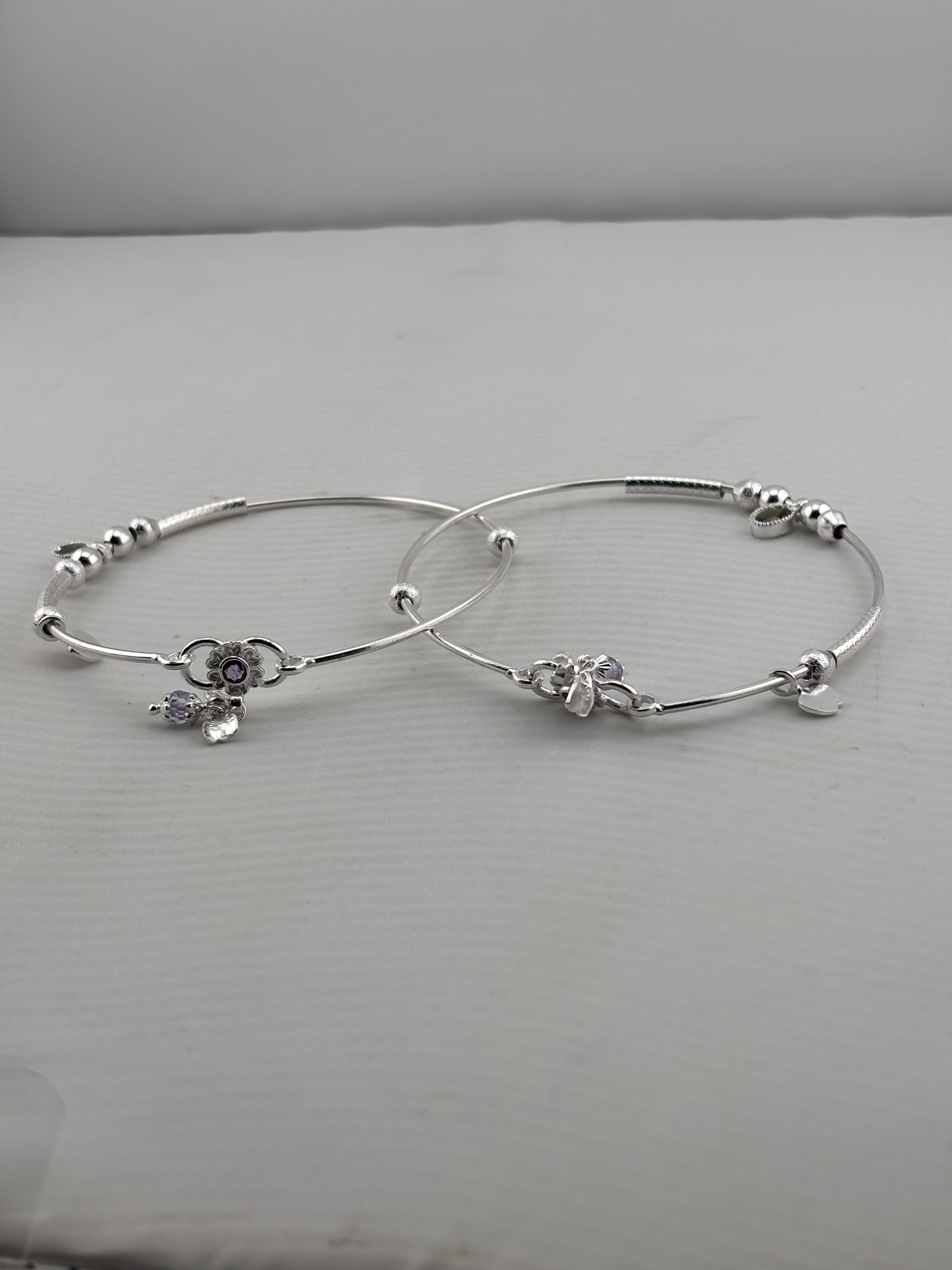 Adjustable Charm Anklet Pair – 925 Sterling Silver Wire Anklet with Stone Charms – 27g