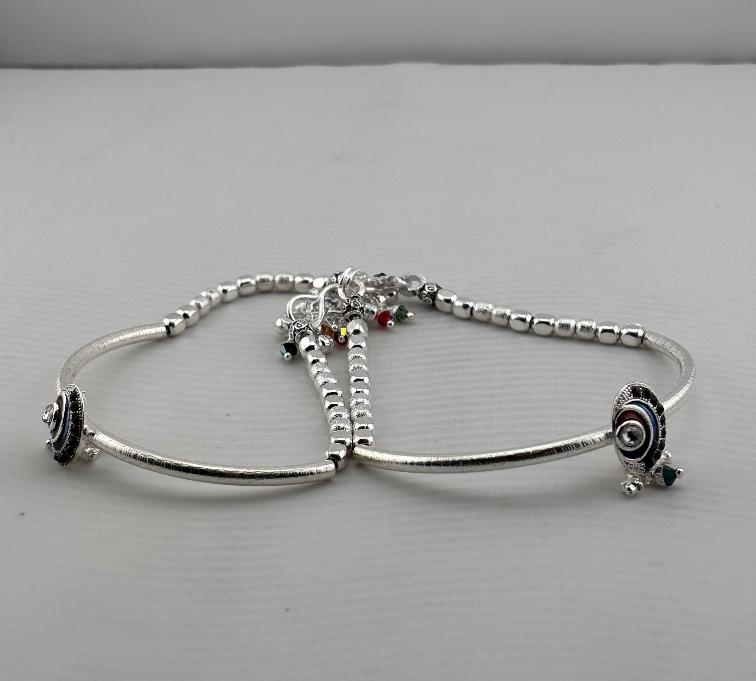 Adjustable Kada Anklet Pair with Stone Charms – 925 Sterling Silver Beaded Anklet – 57g