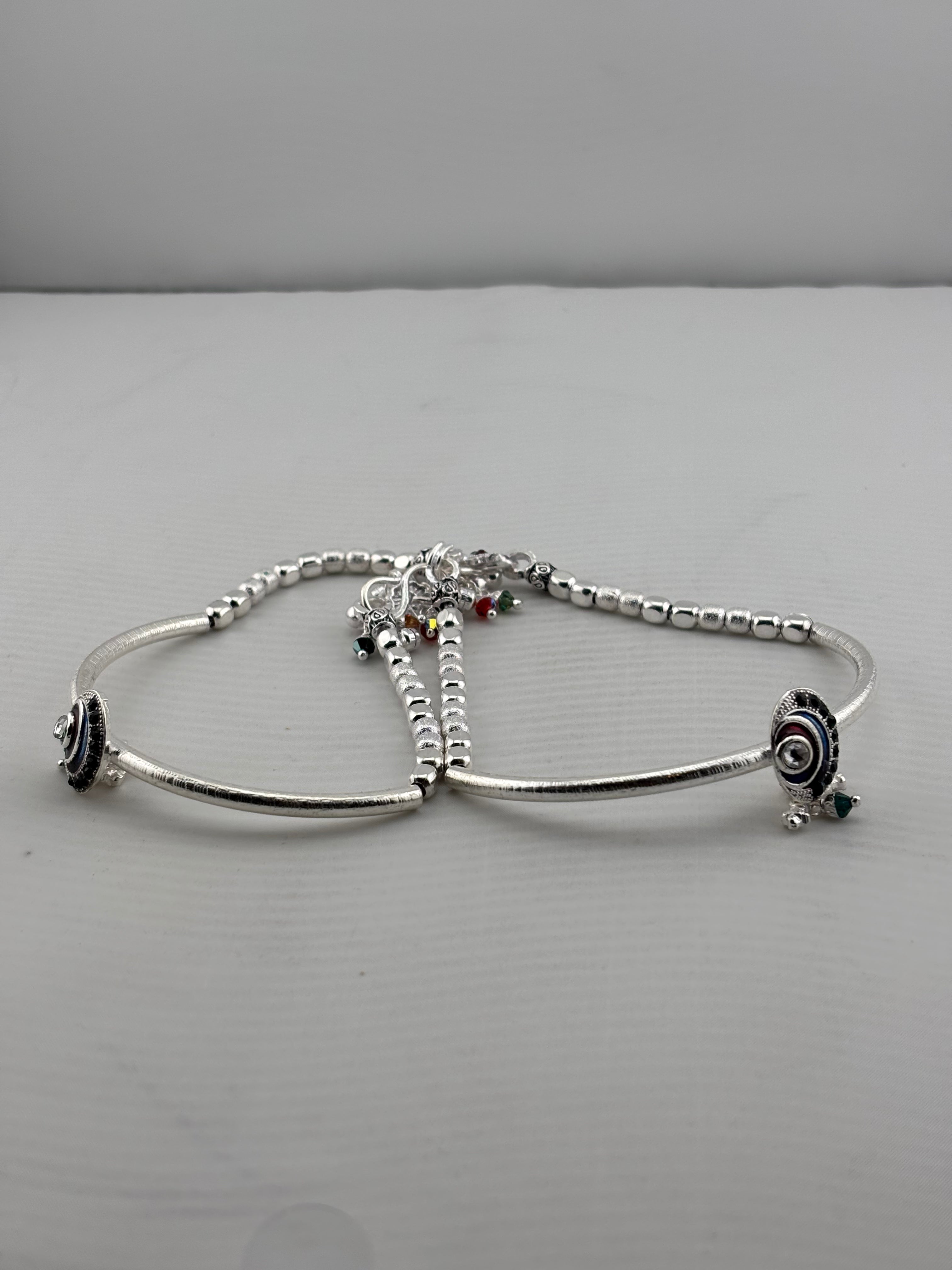 Adjustable Kada Anklet Pair with Stone Charms – 925 Sterling Silver Beaded Anklet – 57g