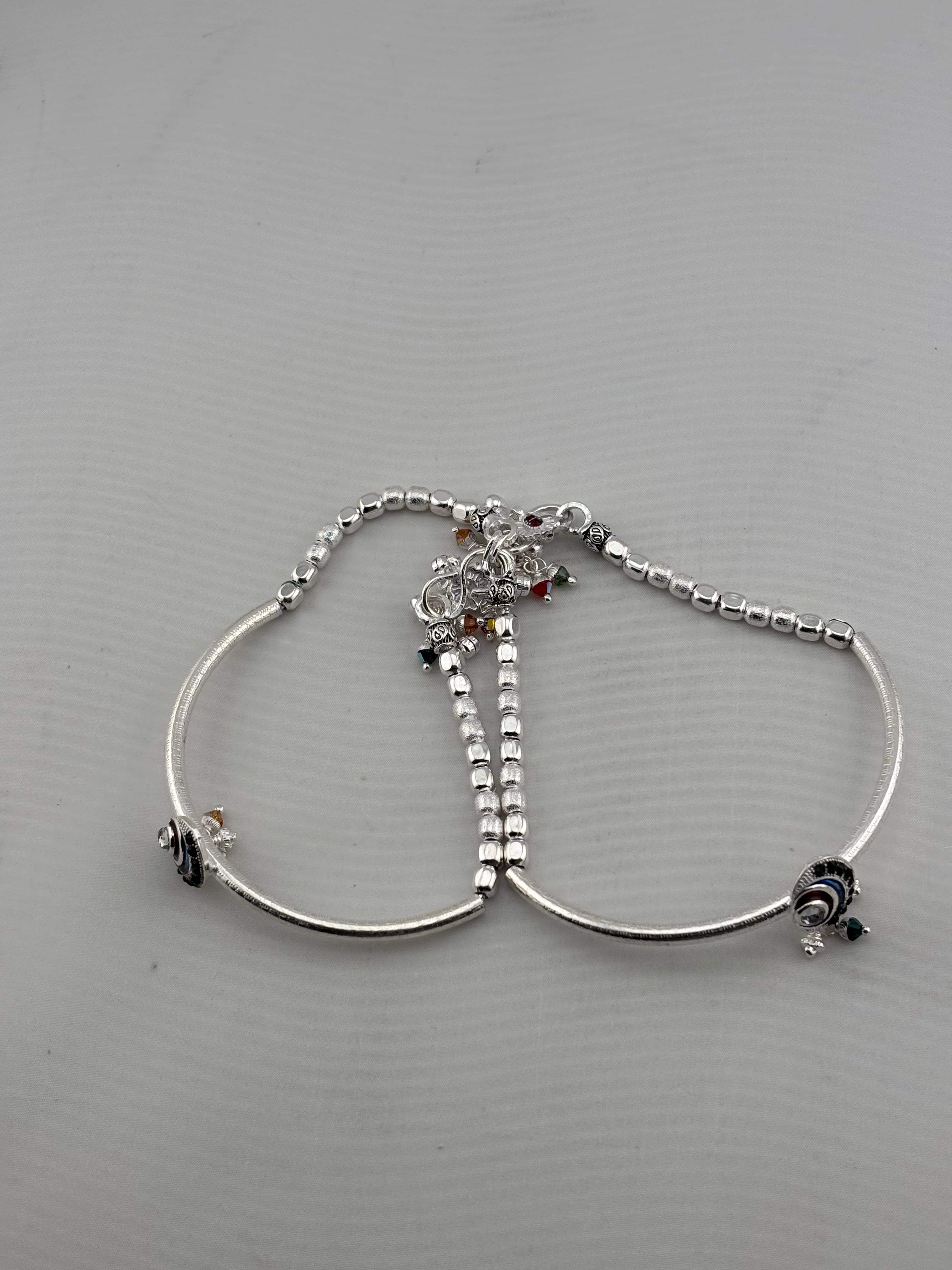 Adjustable Kada Anklet Pair with Stone Charms – 925 Sterling Silver Beaded Anklet – 57g