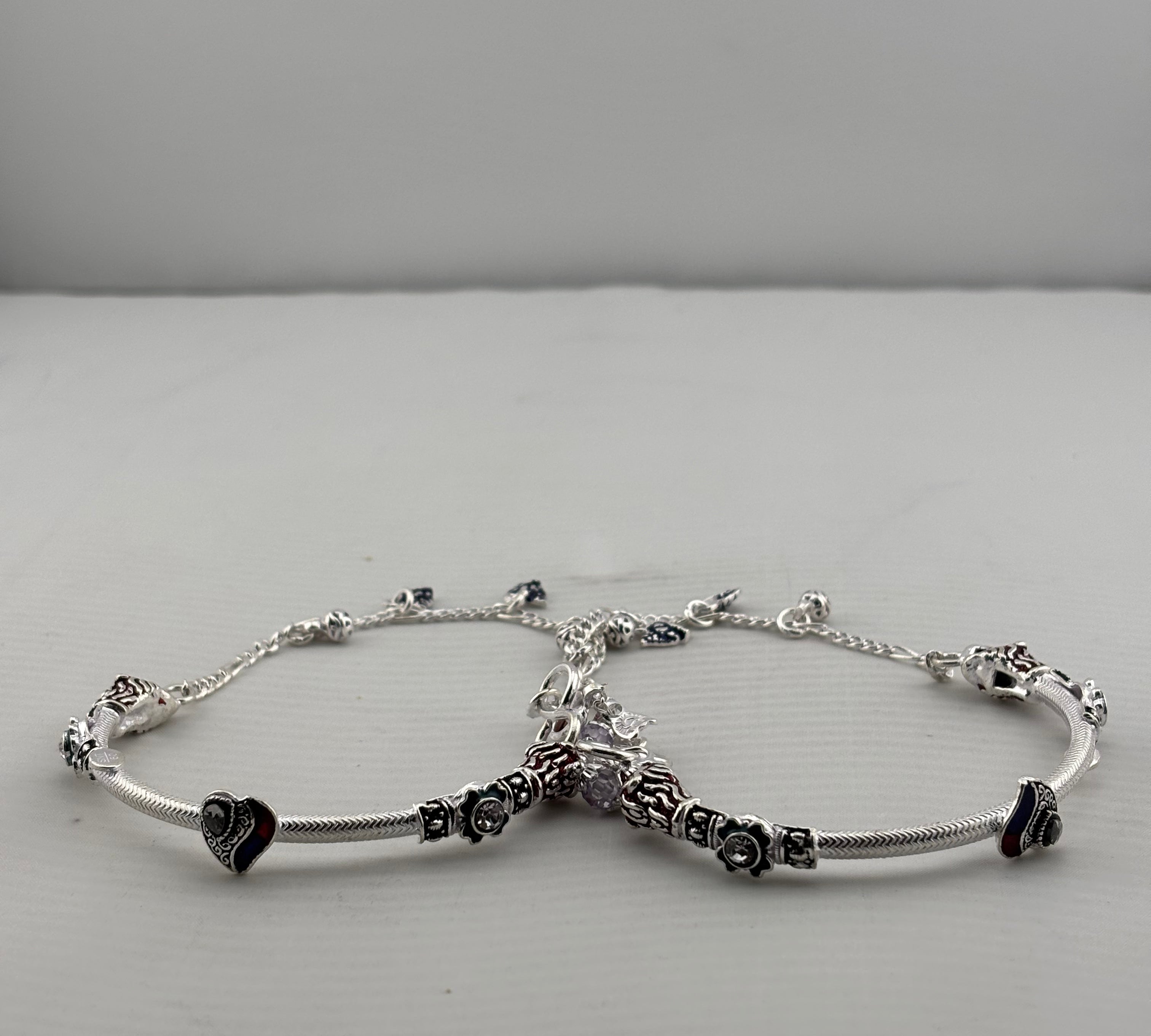 Designer Kada Anklet Pair with Enamel Charms – 925 Sterling Silver Adjustable Anklet – 43g