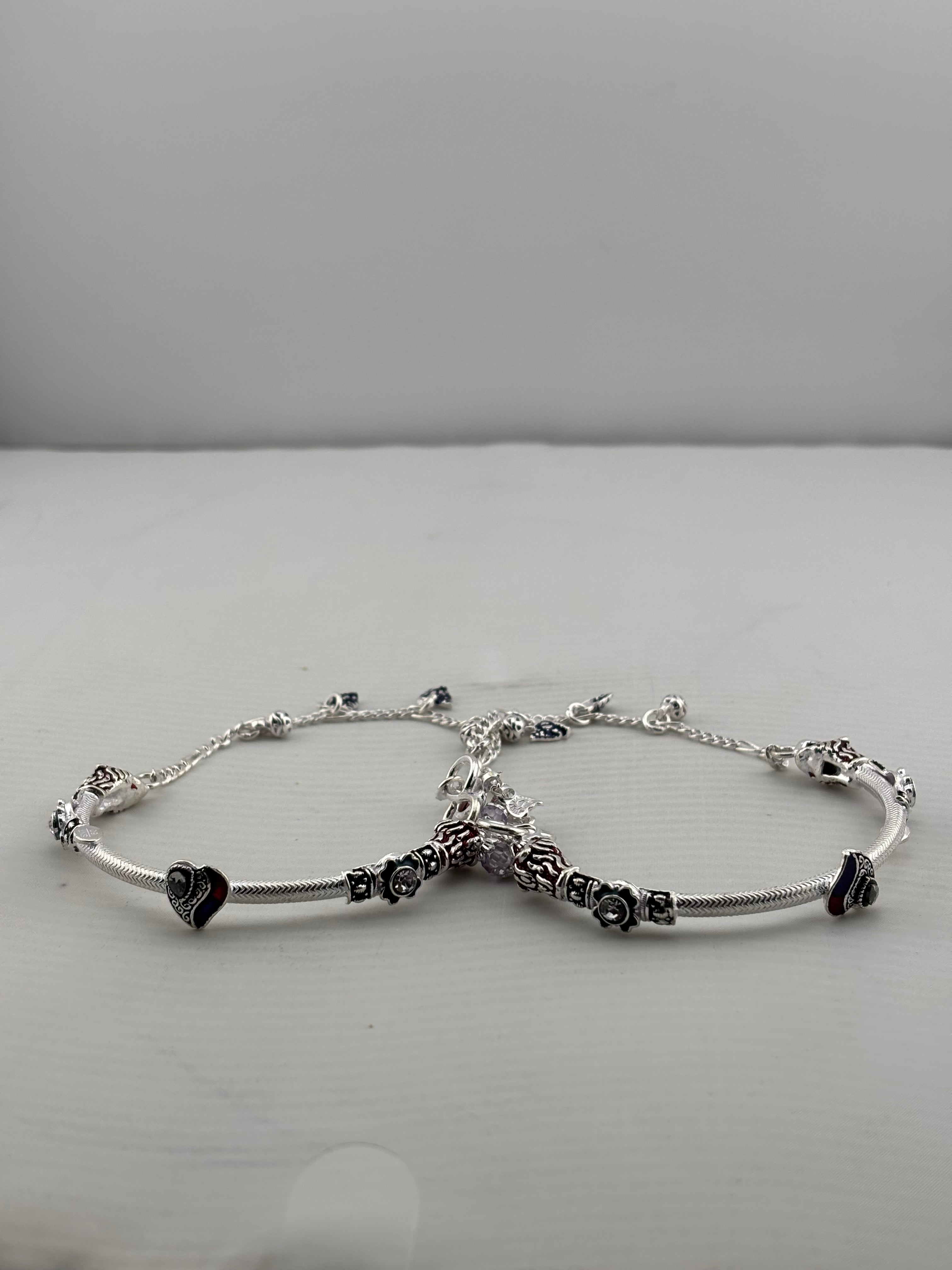 Designer Kada Anklet Pair with Enamel Charms – 925 Sterling Silver Adjustable Anklet – 43g