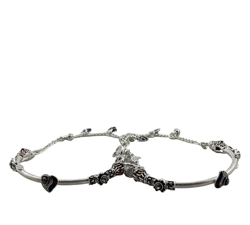Designer Kada Anklet Pair in pure silver with Enamel Charms – 925 Sterling Silver Adjustable Anklet-43g