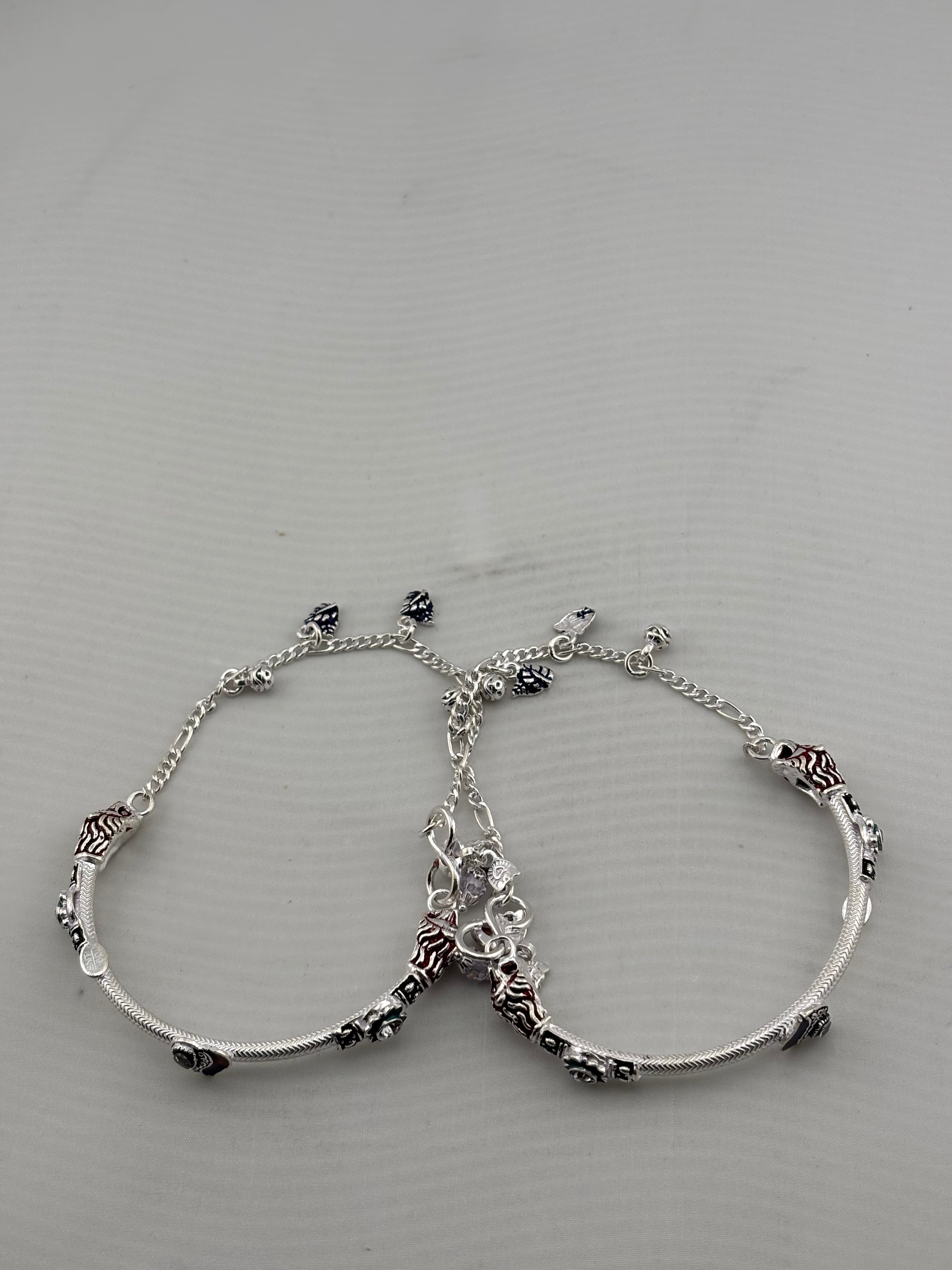 Designer Kada Anklet Pair with Enamel Charms – 925 Sterling Silver Adjustable Anklet – 43g