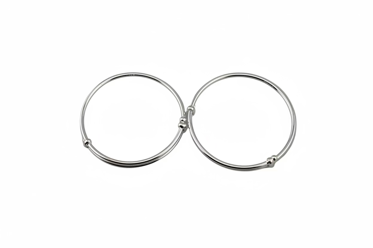 Kids Plain Silver Kada – 925 Sterling Silver Baby Kada Bracelet with Bead Ends (Pair)
