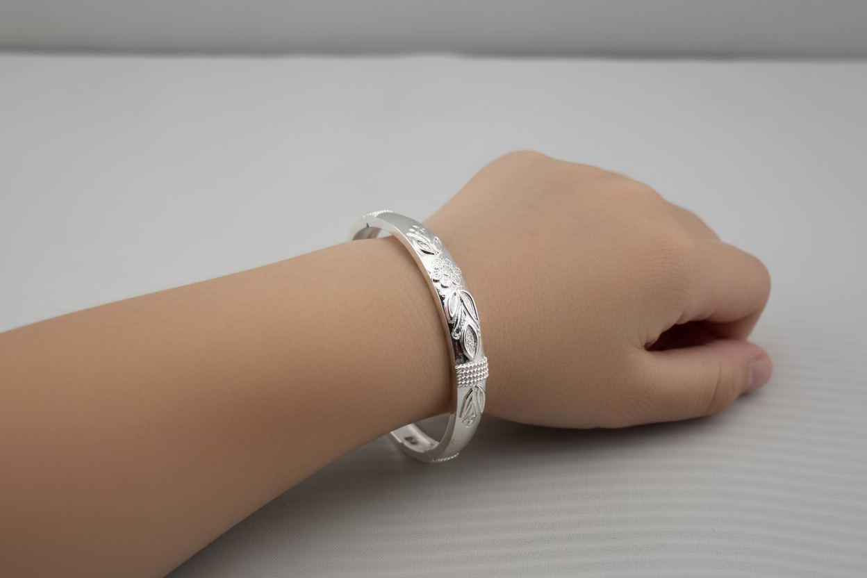 Kids Floral Engraved Silver Kada – 925 Sterling Silver Baby Kada Bracelet