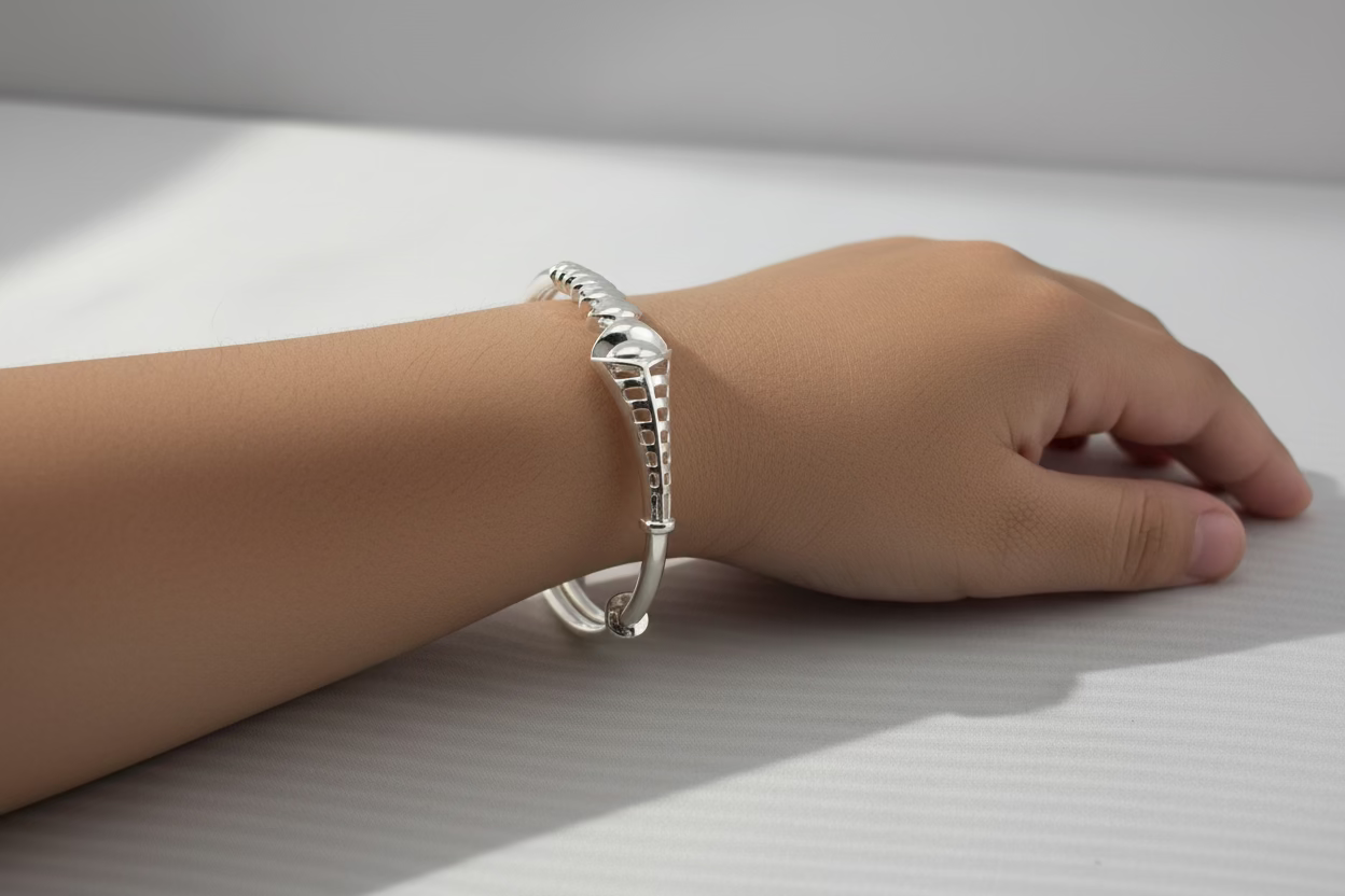 Kids Geometric Silver Kada – 925 Sterling Silver Baby Kada Bracelet with Zig