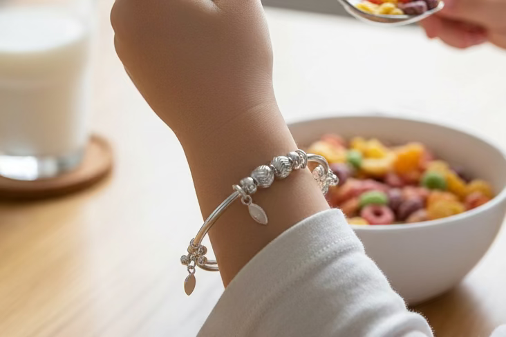 Kids Beaded Silver Kada – 925 Sterling Silver Baby Kada Bracelet with Charms (Pair)