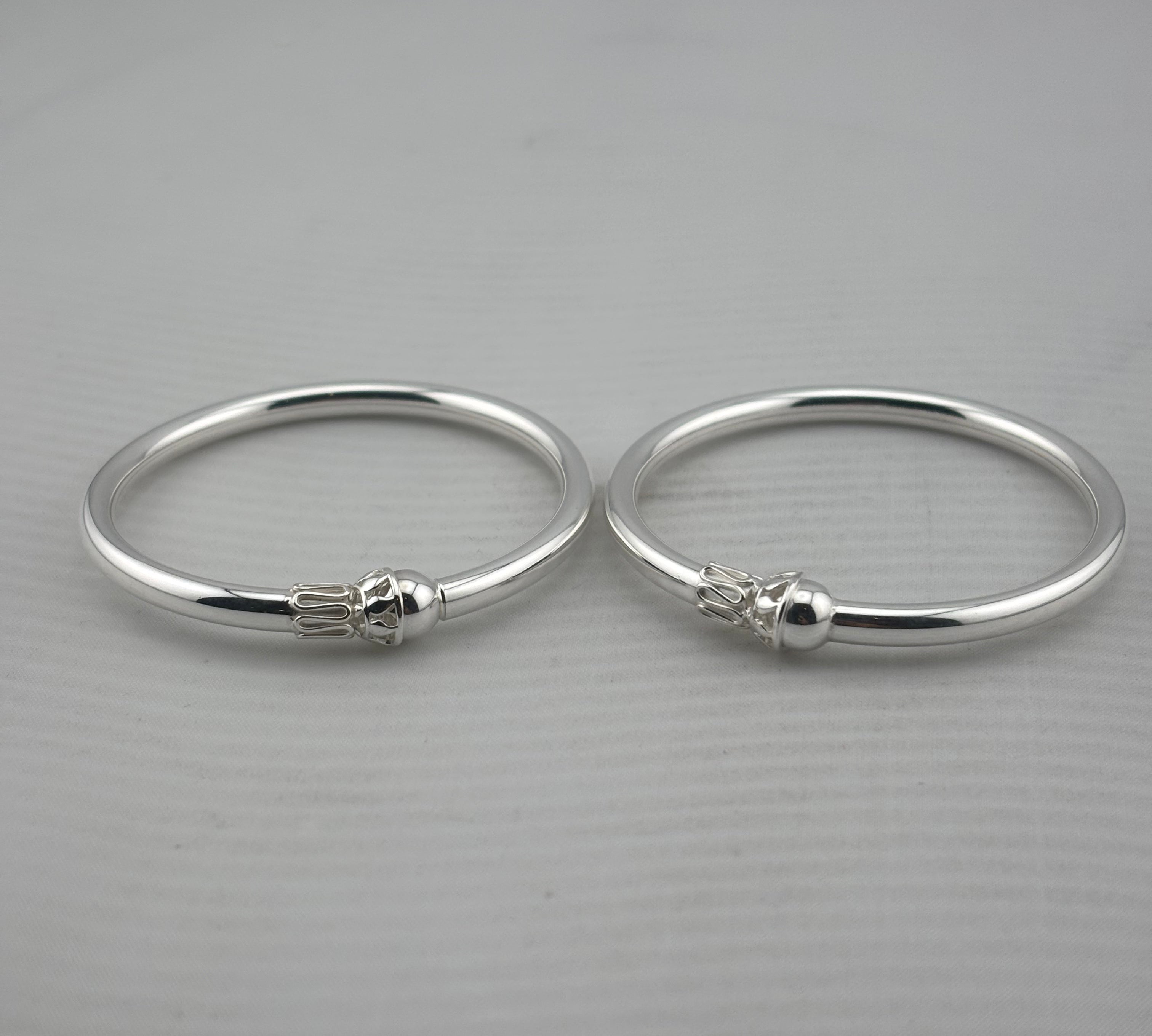 Kids Ball End Silver Kada – 925 Sterling Silver Baby Kada Bracelet with Designer Caps (Pair)