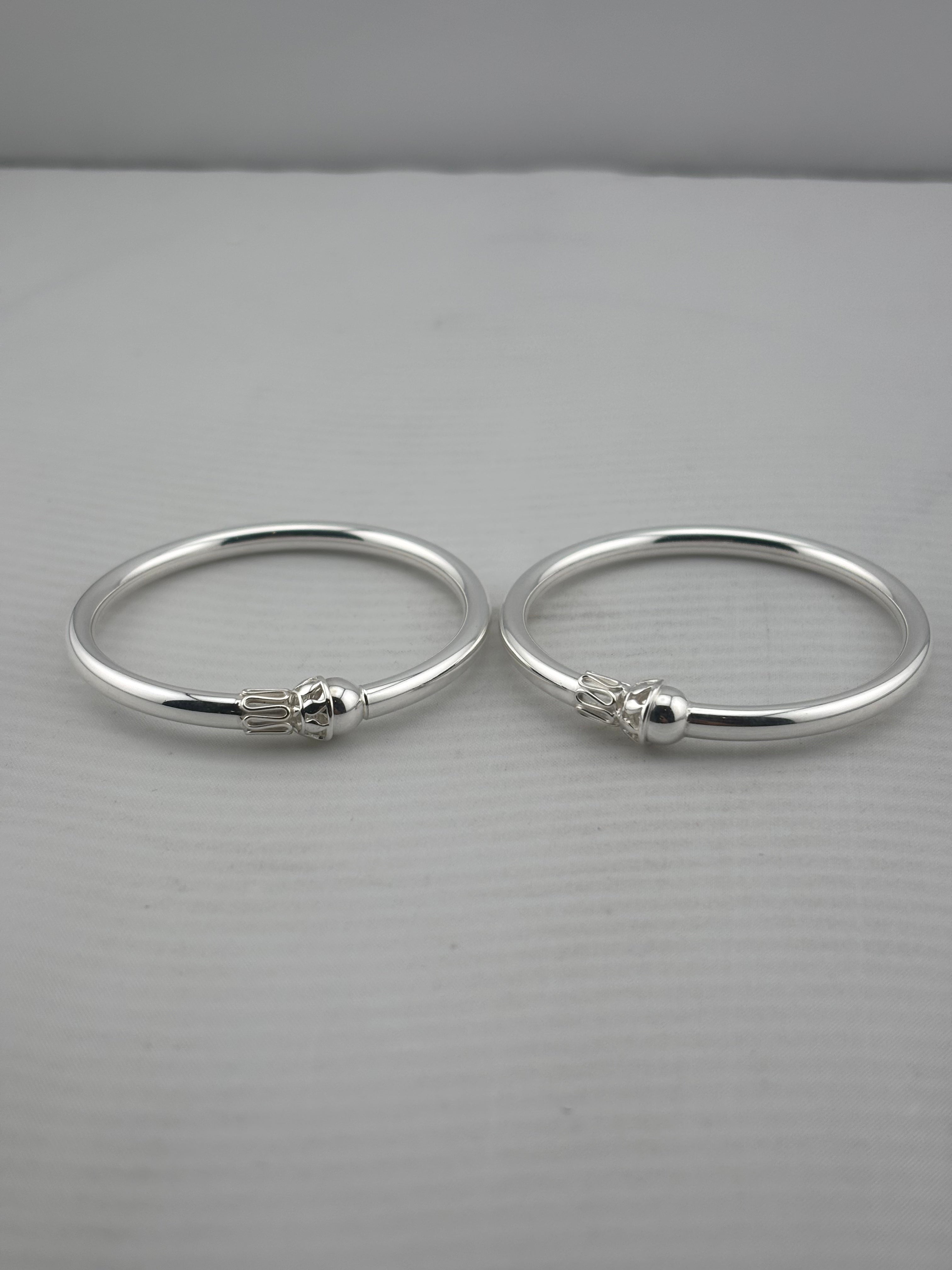 Kids Ball End Silver Kada – 925 Sterling Silver Baby Kada Bracelet with Designer Caps (Pair)