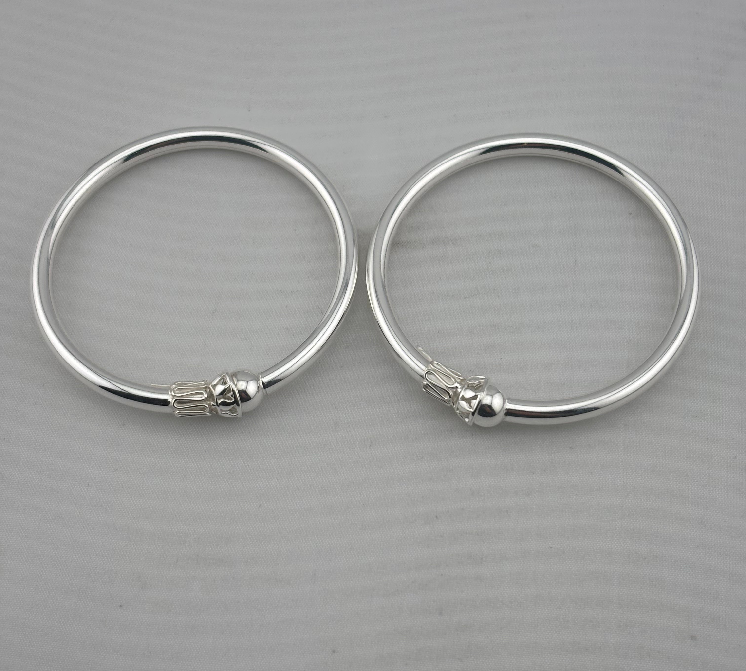 Kids Ball End Silver Kada – 925 Sterling Silver Baby Kada Bracelet with Designer Caps (Pair)