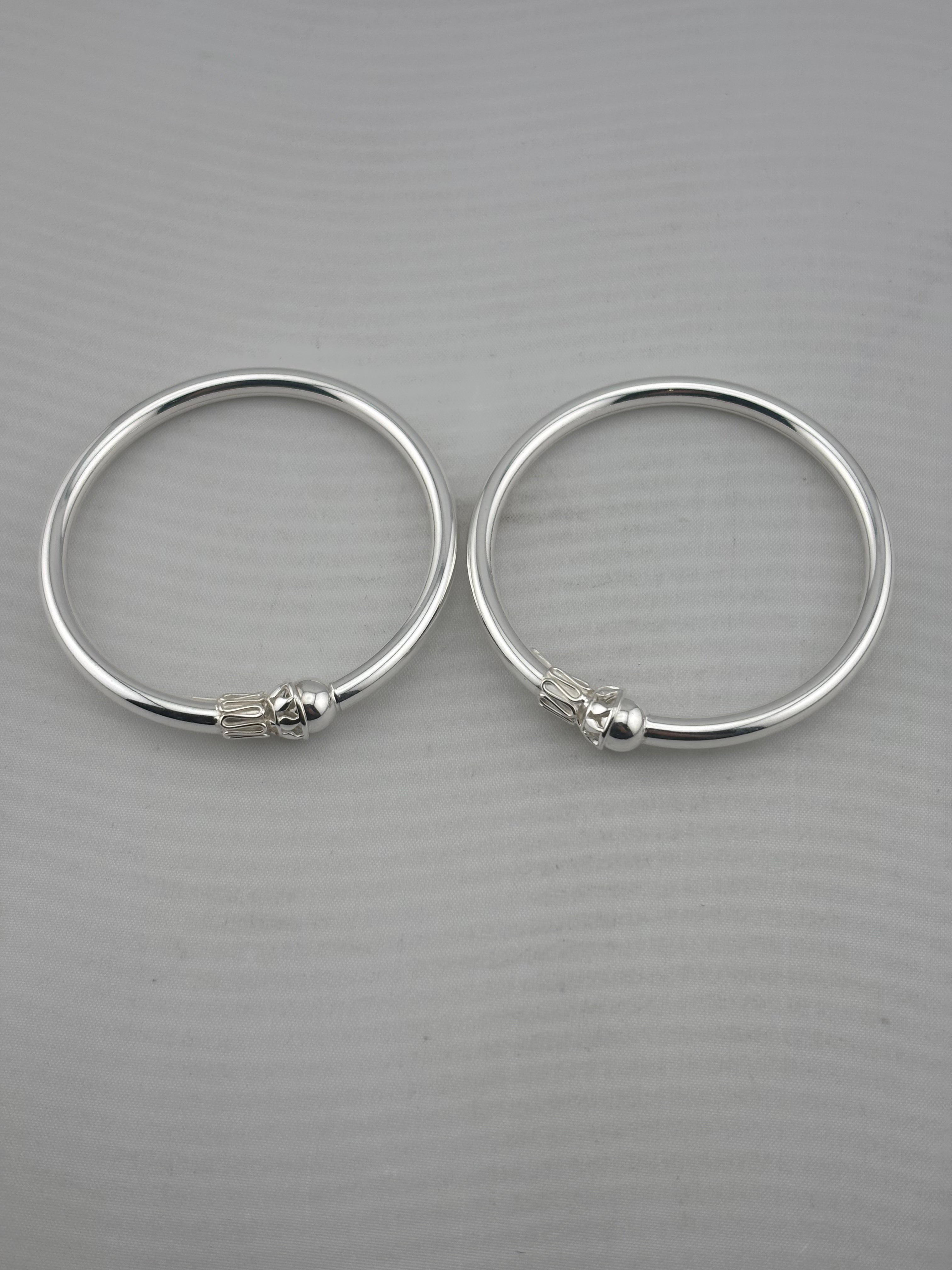 Kids Ball End Silver Kada – 925 Sterling Silver Baby Kada Bracelet with Designer Caps (Pair)