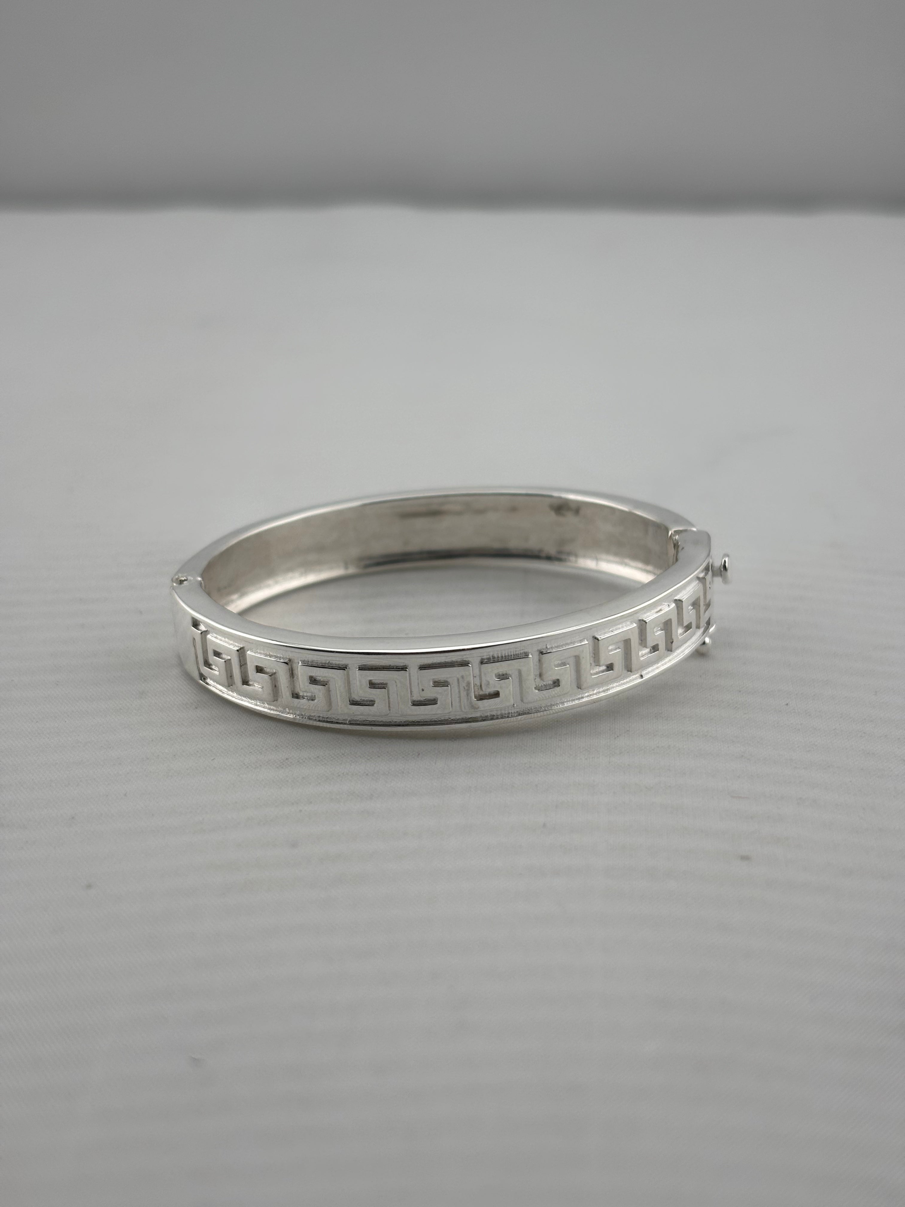 Kids Greek Key Silver Kada – 925 Sterling Silver Baby Bangle Bracelet with Meander Design