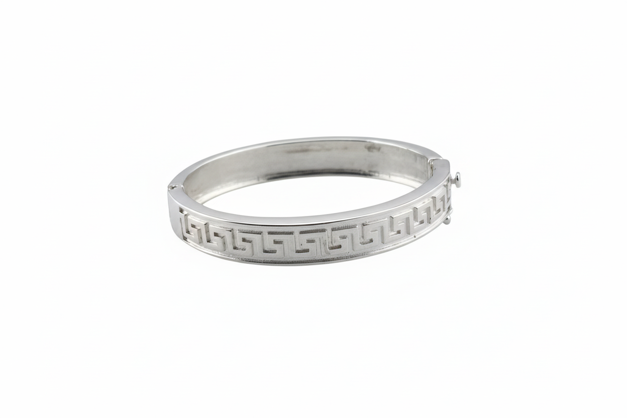 Kids Greek Key Silver Kada – 925 Sterling Silver Baby Bangle Bracelet with Meander Design