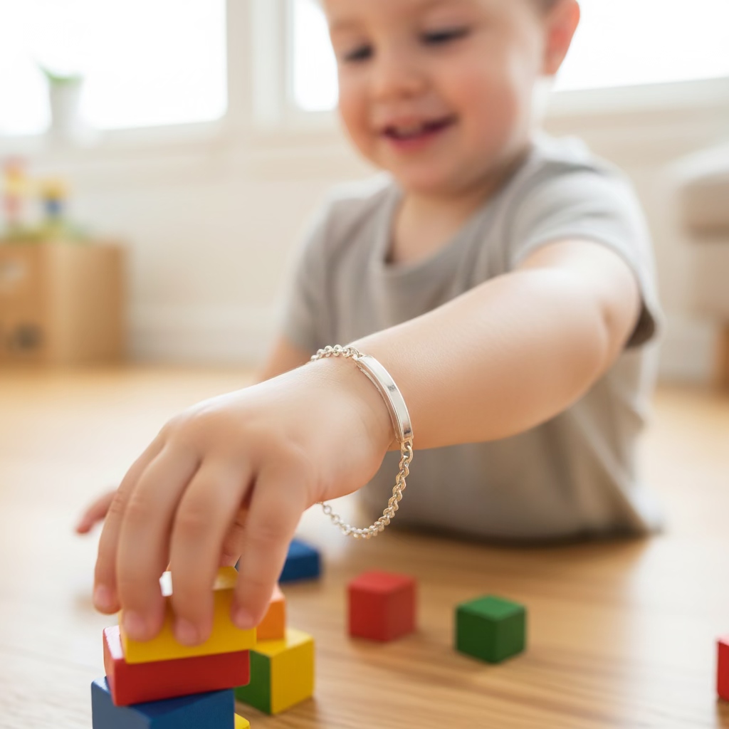 Kids Name Plate Silver Bracelet – 925 Sterling Silver Baby ID Bracelet Adjustable Chain Design